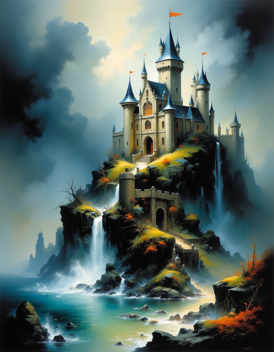 3th33r34l a castle on a big rock over a stormy sea    <lora:ethereal-grace:0.9>