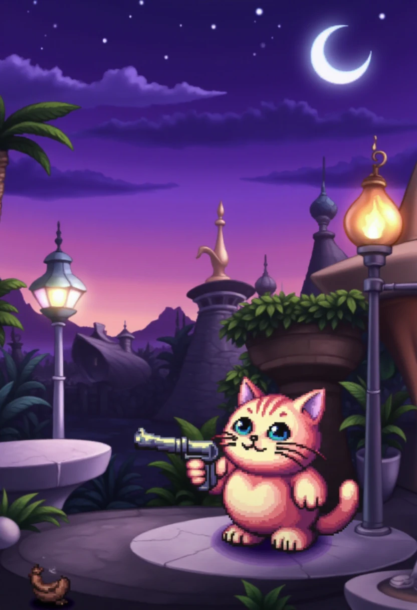 lomstyle,  pixel art, a cat aiming a gun at the viewer.    <lora:Legend_of_Mana_Style_FLUX:0.8>