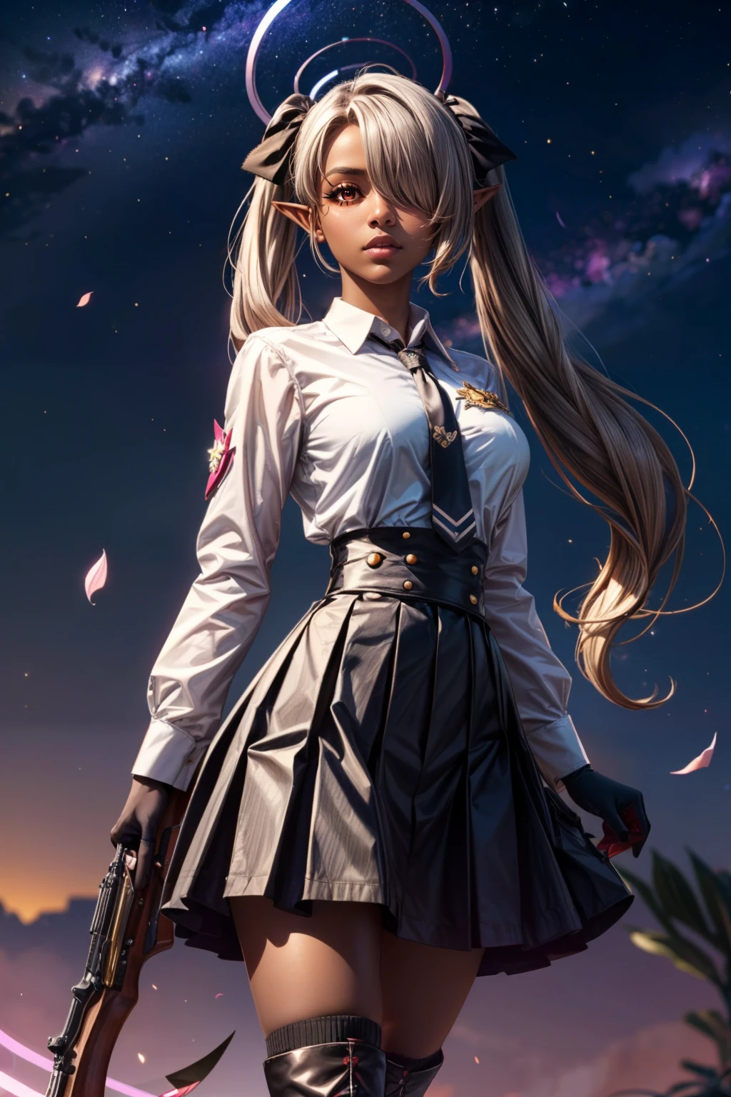 (ultra realistic,32k, masterpiece:1.2),(high detailed skin:1.1),( high quality:1.1), <lora:IllyasvielVonEinzbern_v1:0.7>, zzIllya, looking at viewer, night, outdoors, sky, BREAK,   <lora:Iori_BlueArchive_Citron:0.7>, zzIori, grey hair, long hair, twintails, red eyes, dark skin, dark-skinned female, pointy ears, hair over one eye, ribbon, halo, very long hair, hair ribbon, tail, demon tail, sunglasses, eyewear on head armband, black necktie, black skirt, holding gun, long sleeves, white shirt, bolt action, black gloves, pleated skirt, collared shirt, black ribbon, black socks, knee highs, boots, black footwear, high-waist skirt,    BREAK,  blooming stars, luminescent petals, otherworldly fragrance blurry background, (looking at viewer, standing:1.1), huge breast, large breast, <lora:add_detail:0.92>, (glowwave:1.1),