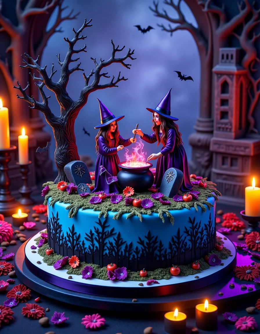 a cake with a graveyard on top of in and witches brewing a potion in cauldron on it, on a black table, in a creepy crypt at night, with  candles, colors: blue, violet, red, black, creerck  <lora:creepy-and-eerie-cakes:1>