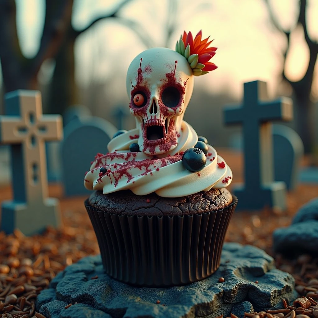 long shot scenic professional photograph of zombie cupcake with beautiful graves around it  <lora:hallowen-spooky-cupcakes:1>, Photorealistic, Hyperrealistic, Hyperdetailed, analog style, soft lighting, subsurface scattering, realistic, heavy shadow, masterpiece, best quality, ultra realistic, 8k, golden ratio, Intricate, High Detail, film photography, soft focus, perfect viewpoint, highly detailed, wide-angle lens, hyper realistic, with dramatic sky, polarizing filter, natural lighting, vivid colors, everything in sharp focus, HDR, UHD, 64K, detailed skin texture, (blush:0.5), (goosebumps:0.5), subsurface scattering