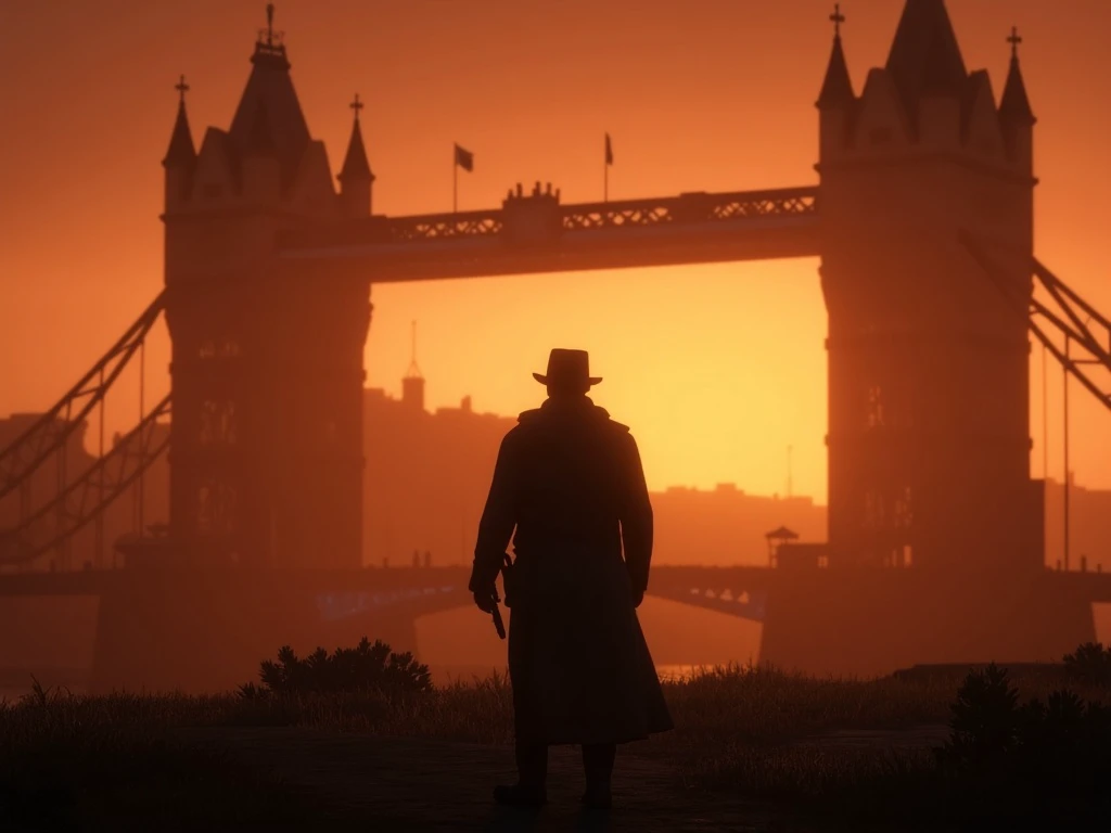 person standing in front of Tower Bridge, Victorian era, dramatic sunset, video game screenshot in the style of RDRGM