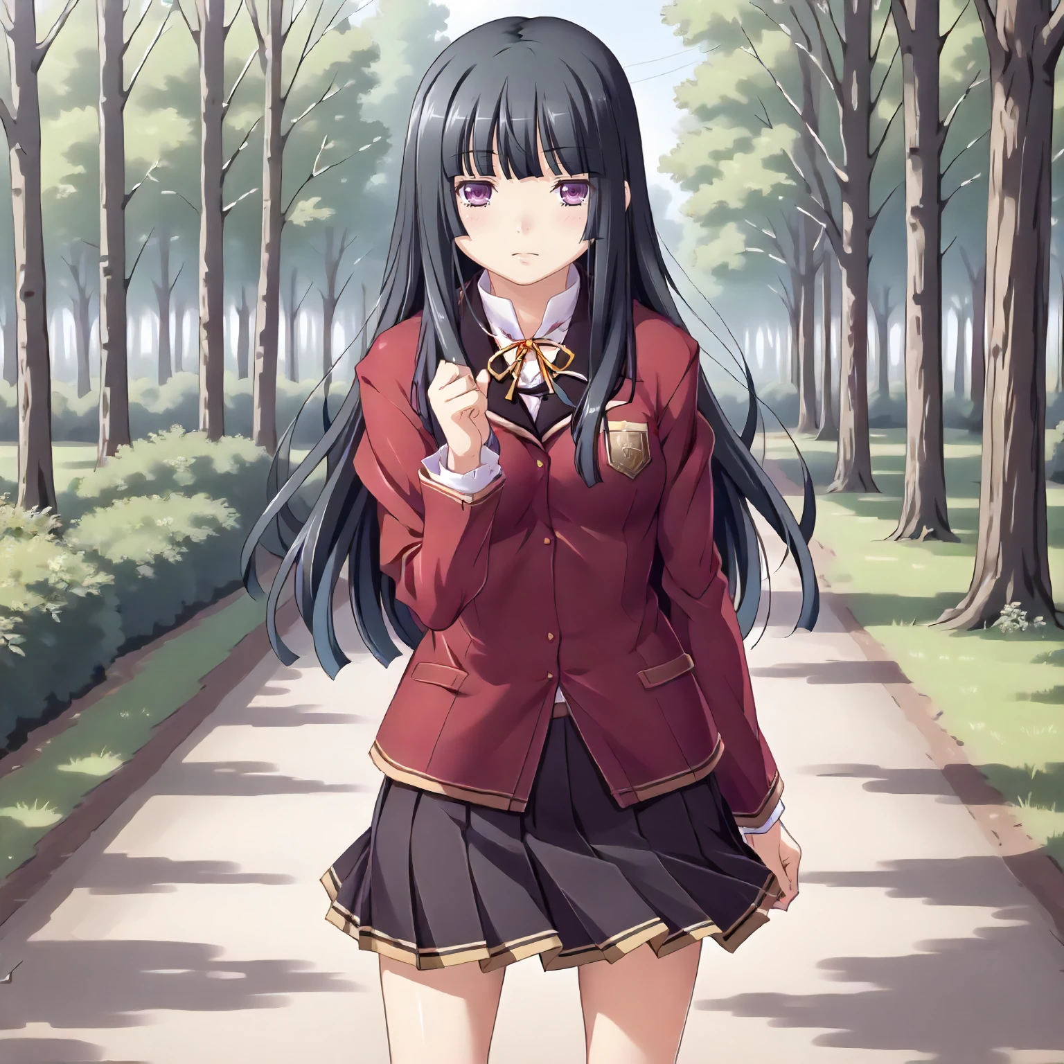 <lora:SDG_MitsukiFujigayaXLpony001>,
outdoors,nature,
solo,
MitsukiFujigaya,1girl,black hair,long hair,purple eyes,
school_uniform,red jacket,
pleated_skirt,
standing,