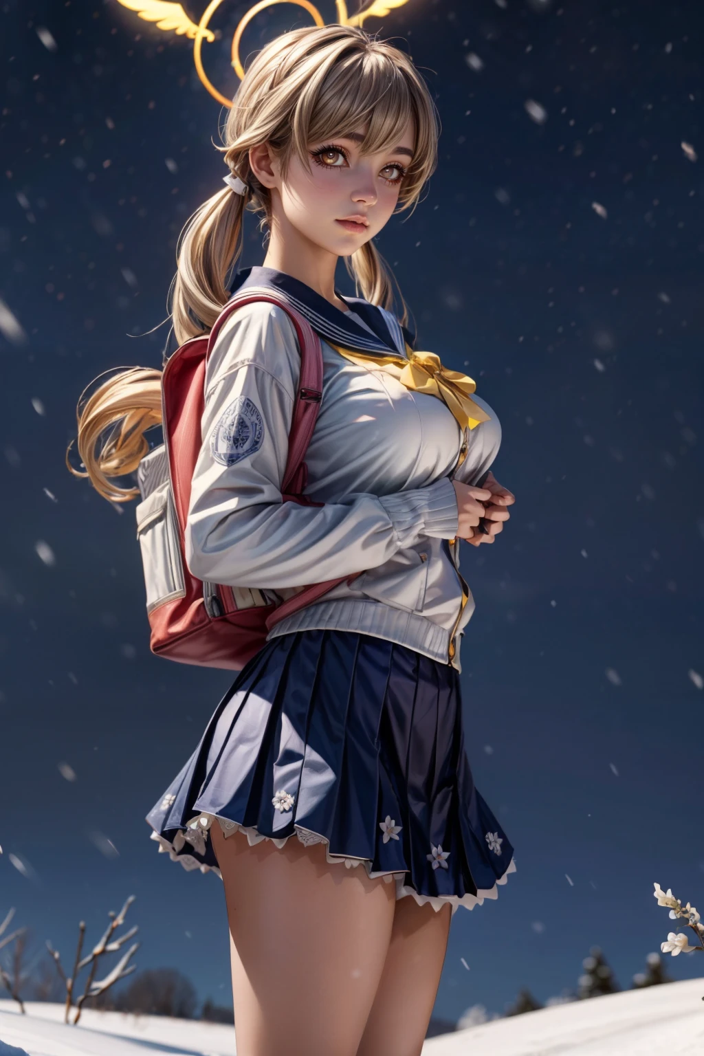 (ultra realistic,32k, masterpiece:1.2),(high detailed skin:1.1),( high quality:1.1), <lora:IllyasvielVonEinzbern_v1:0.7>, zzIllya, looking at viewer, night, outdoors, snowing, sky, BREAK,    <lora:Hifumi_BlueArchive_Citron:0.8>, zzHifumi, yellow eyes, light brown hair, long hair, twintails, halo, breasts white cardigan, blue skirt, school uniform, pleated skirt, backpack, blue sailor collar,   ,BREAK,  blooming stars, luminescent petals, otherworldly fragrance blurry background, (looking at viewer, standing:1.1), huge breast, large breast, <lora:add_detail:0.92>, (glowwave:1.1),