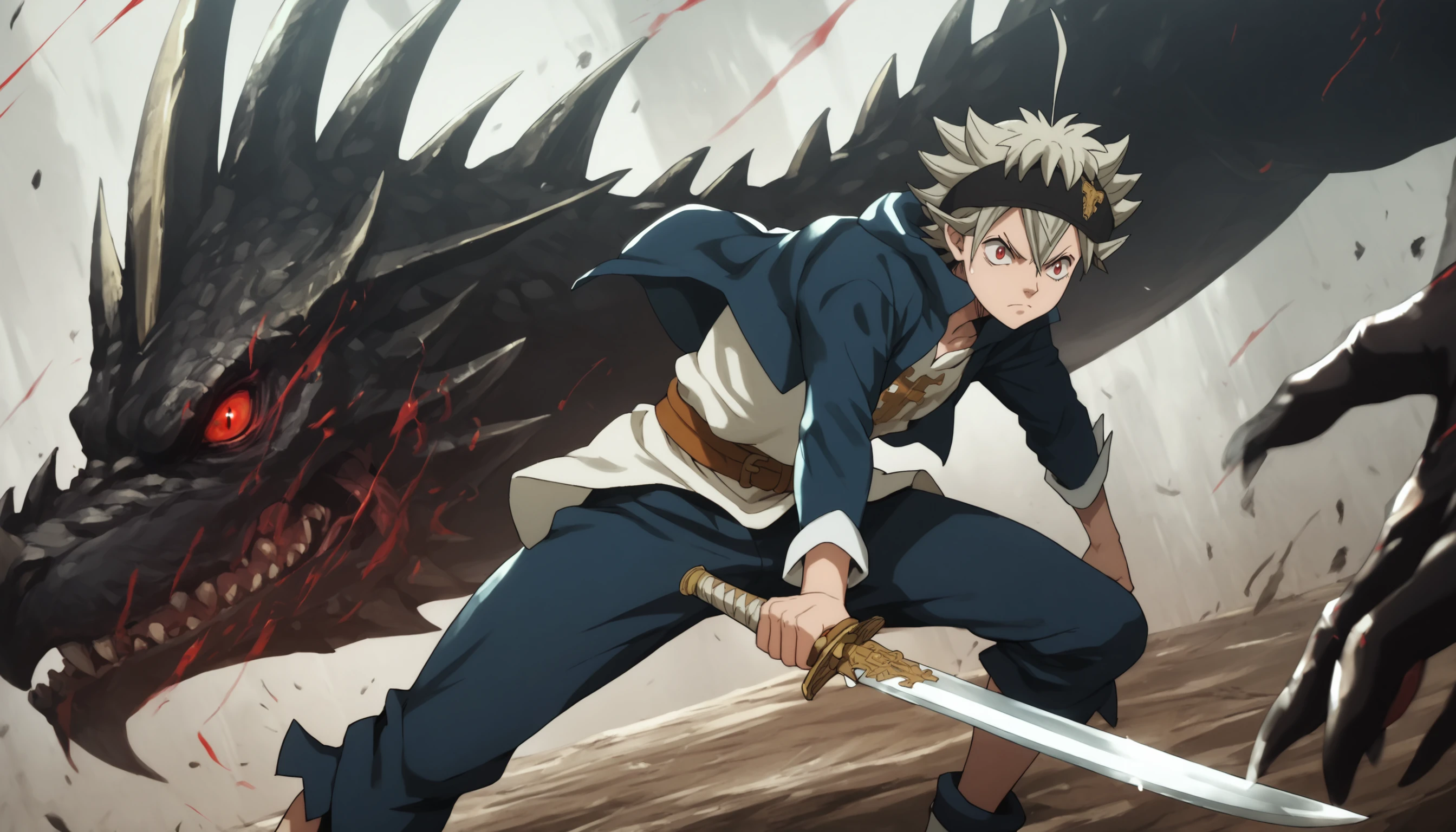 asta_bc, holding sword, fighting a black dragon with red eyes, detailed background, score_9,score_8_up,score_7_up,score_6_up,