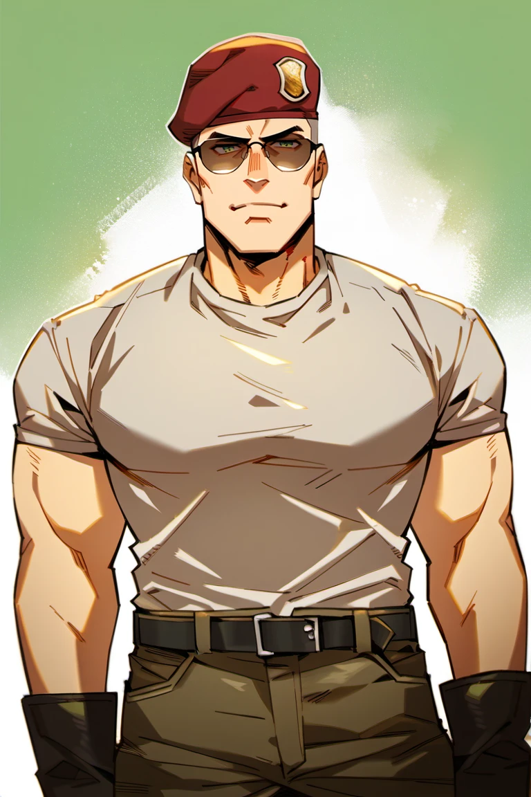 score_9, score_8_up, score_7_up, score_6_up, perfect anatomy, perfect proportions, best quality, masterpiece, high_resolution, high quality, best aesthetic, incredibly absurdres, highres, extremely detailed, huge filesize, mature, masculine, manly, virile, handsome, charming, alluring, bara, male focus, solo male, cowboy shot, dutch angle, source_game \(Fallout: New Vegas\), official style \(Fallout: New Vegas\), Craig Boone, FNVBoone, bald, green eyes, Boone_Outfit01, sunglasses, red beret, 1st Recon beret\(Fallout: New Vegas\), 1st Recon emblem\(Fallout: New Vegas\), white undershirt, short sleeves, brown military-esque cargo pant, combat boots,