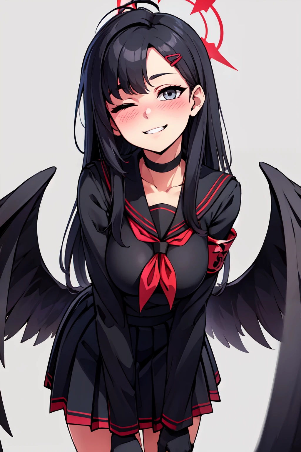 ((masterpiece,best quality)), absurdres,  BREAK, , <lora:Ichika_BlueArchive_Citron:0.8>, zzIchika, black hair, long hair, halo, hair ornament, hairclip, red halo, wings, black wings, low wings, feathered wings, breasts black sailor collar, black serafuku, black skirt, long sleeves, red neckerchief, black choker, black gloves, pleated skirt, simple background, white background, grey eyes, blush, red armband, closed mouth, grin, one eye closed , BREAK, leaning forward, head tilt, blush, upper body,, BREAK, solo, smile, looking at viewer, cowboy shot,