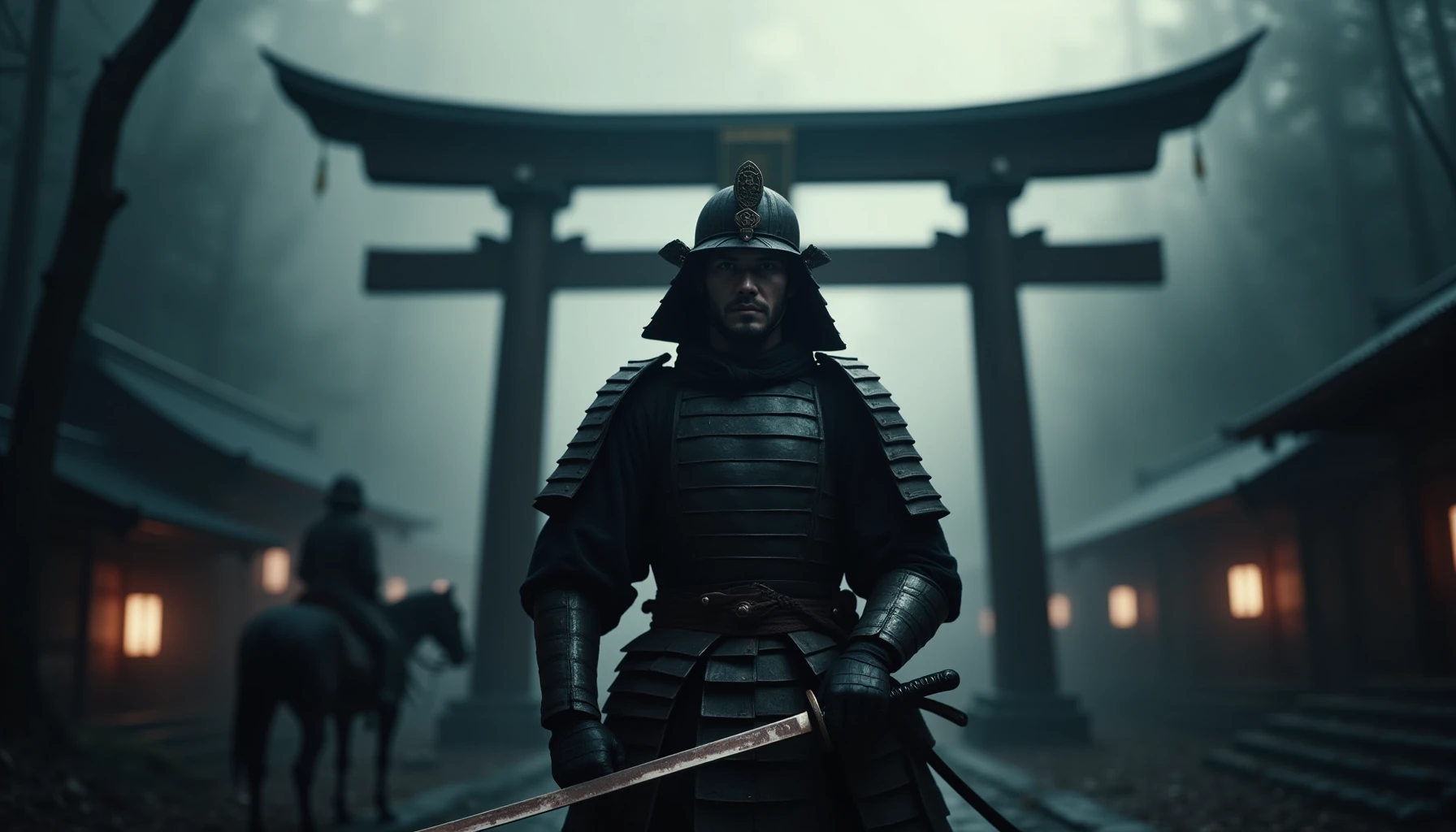 cinematic film still "The same samurai warrior from previous scenes stands confidently in front of a grand Japanese shrine. He now faces the camera directly, with a powerful and focused gaze. His armor, dark and weathered, catches the soft glow of the nearby shrine lanterns. The towering Torii gate in the background is framed by the misty forest, creating a mysterious and atmospheric backdrop. The samuraiâs hand rests firmly on the hilt of his copper-hued katana, showing his readiness for the battle ahead. The horse from previous images is either standing off to the side or out of the frame, allowing the samurai to be the clear focal point. The lighting, mist, and overall mood remain consistent with the earlier scenes, keeping the tone and style unified." . shallow depth of field, vignette, highly detailed, high budget, bokeh, cinemascope, moody, epic, gorgeous, film grain, grainy