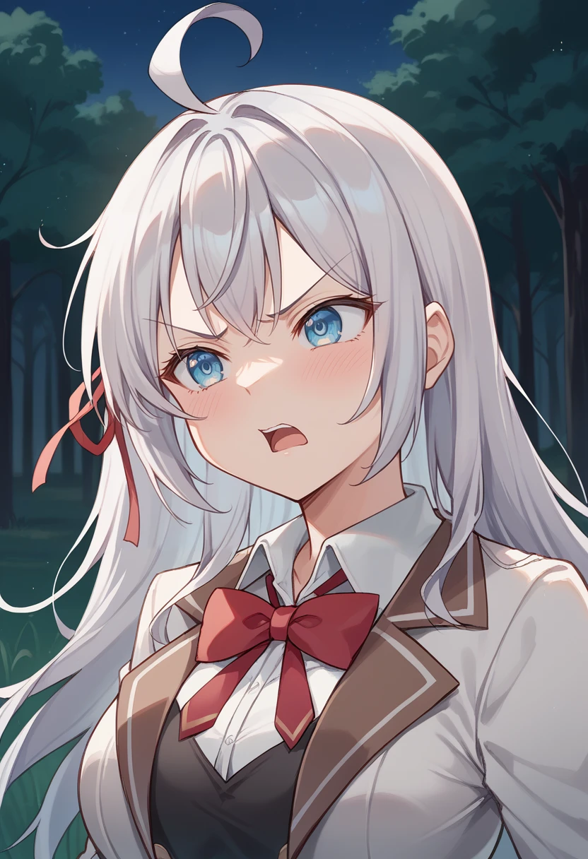 1girl, alisa mikhailovna kujou,
long hair, silver hair, blue eyes, ahoge, hair ribbon, white shirt, collared shirt, bowtie, skirt, jacket, blush, angry, open mouth, red bowtie, large breasts, vest, 
field, forest, night, upper body, 
score_9, score_8_up,
<lora:alya-pony:1>