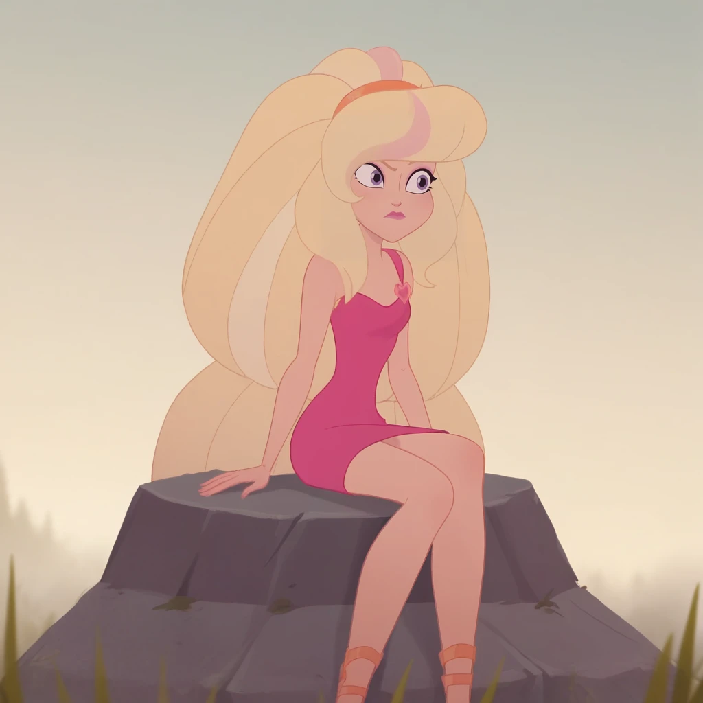 score_9_up, score_8_up, BREAK, 1girl, solo, Aphrodite, big hair, long hair, blonde hair, lipstick, dress, sitting on rock, <lora:Aphrodite_GodsSchool_PXL_Leaf1:0.8>, closed mouth,