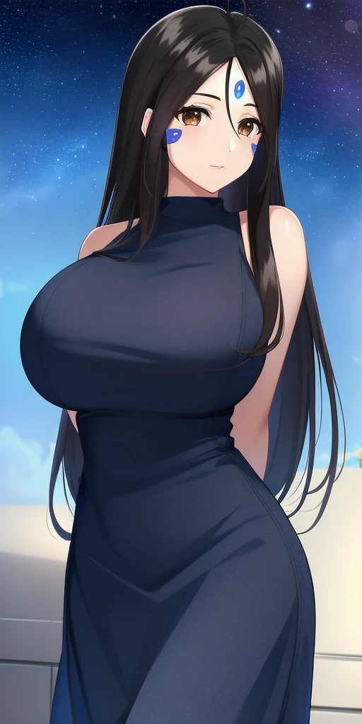 <lora:SkuldV2:0.7> skuld_(aa_megami-sama), brown_eyes,  huge_breasts, standing, solo, arms_behind_back, starry_sky, blue_facial_mark_forehead_mark,, masterpiece, best_quality, detailed_face, detailed_eyes, highres, beautiful, detailed, absurdres,