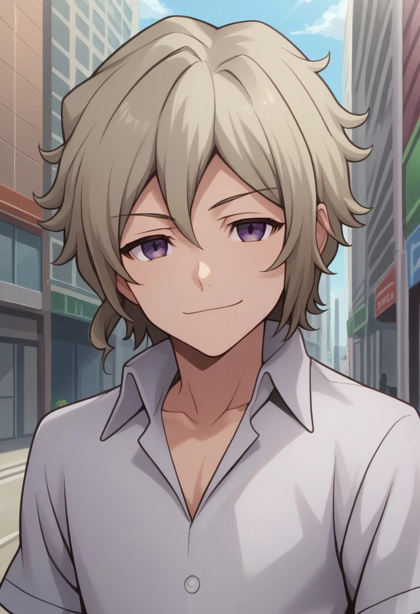 score_9, score_8_up, score_7_up, source_anime, highly detailed,  
yoshiya, 1boy, male focus, solo, purple eyes, shirt, looking at viewer, smile, closed mouth, collared shirt,
white shirt, grey hair, portrait, hair between eyes,
outdoor, street, building, sky, cloud,