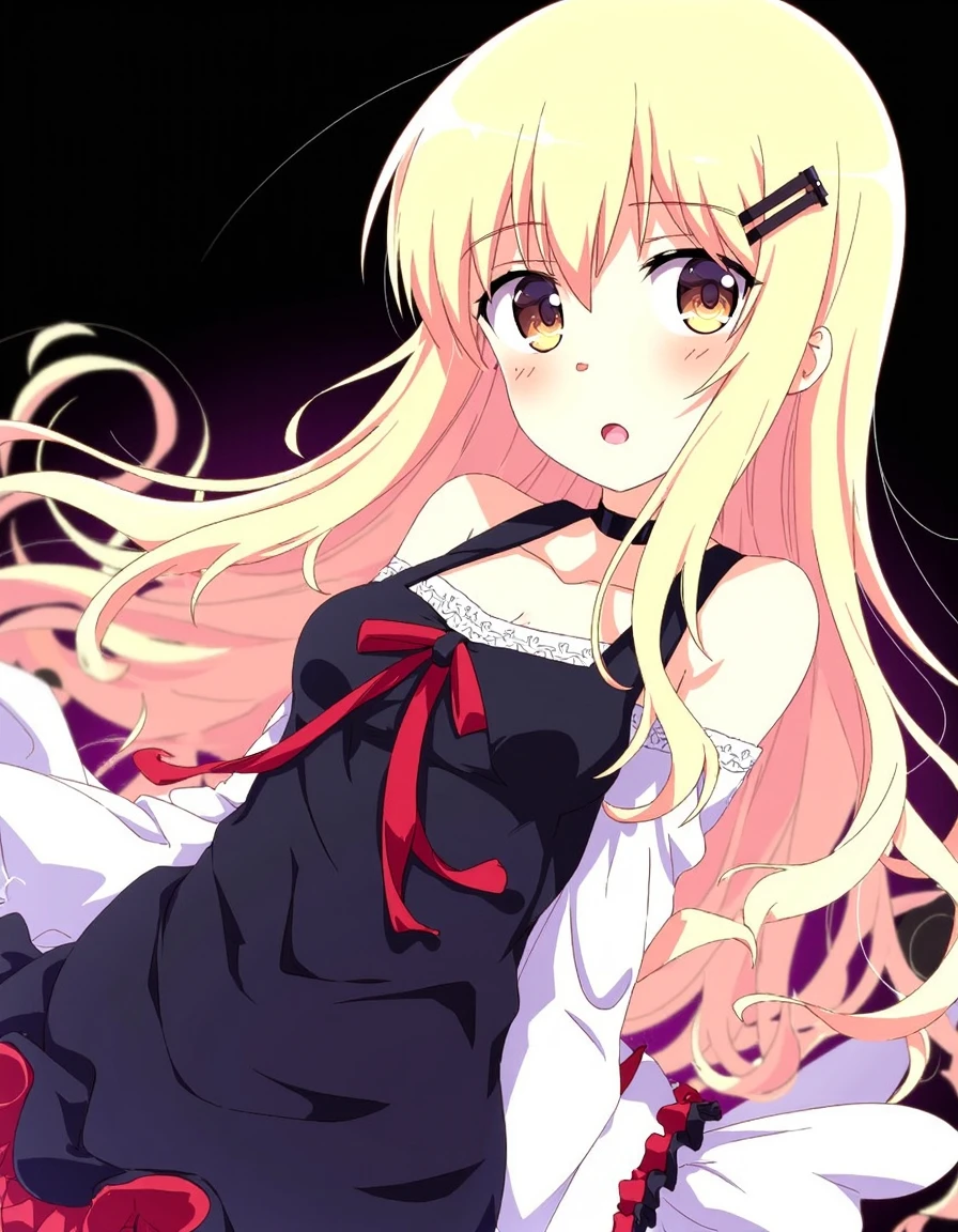 a female character,Oshino Shinobu with long, flowing blonde hair that cascades down her back and shoulders. Her hair is styled with a side part and a small black hair clip on the left side. She has large, expressive amber-colored eyes with a slight blush on her cheeks. Her skin is fair and smooth, with a blush on her cheeks, adding a youthful and innocent charm to her appearance.

She is wearing a black sleeveless dress with a low neckline and a red ribbon tied in a bow at the front, accentuating her small to medium-sized breasts. The dress has a lace trim at the neckline and sleeves, and the hem is adorned with red and black frills. Her black choker adds a touch of gothic elegance to her outfit.

The background is a solid black, which makes the subject stand out prominently. The overall art style is clean and vibrant, with sharp lines and a high level of detail. The lighting is soft, creating a gentle glow around her hair and body, enhancing the ethereal quality of the image. This image captures a whimsical and playful essence.