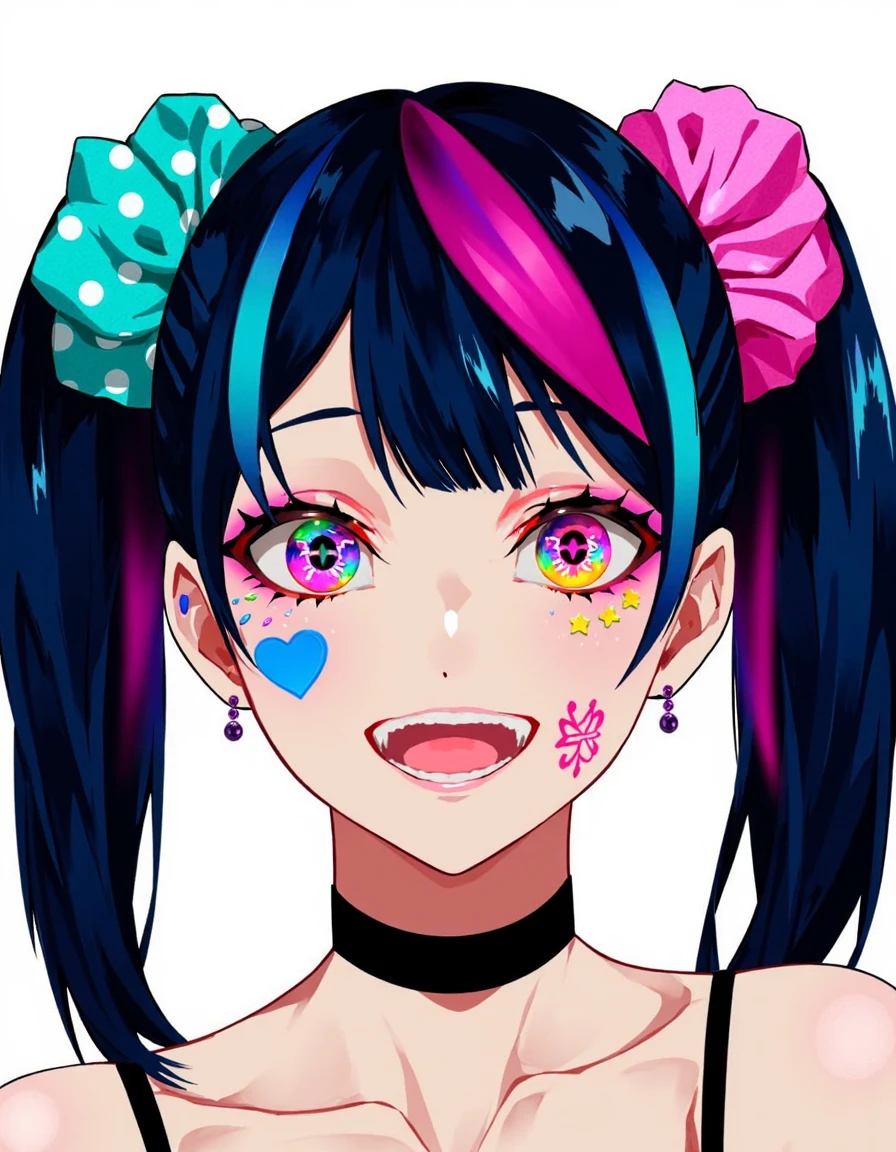 a young woman with a cheerful expression. The character has fair skin and large, expressive, multicolored eyes with a mix of yellow, purple, and pink hues. Her hair is dark blue with streaks of pink and is styled in two pigtails adorned with colorful scrunchies. One scrunchie is teal with white polka dots, while the other is pink with a star design. Various accessories are scattered across her face, including a heart-shaped sticker on her left cheek and a star-shaped sticker on her right cheek, both in shades of blue. There are also small, colorful stickers around her eyes, such as a blue star and a pink heart, giving her a playful, whimsical look. She wears a black choker around her neck and has a small, pink earring in her left ear. The background is plain white, which makes the colorful details of her face and accessories stand out sharply. The overall style is highly detailed, with a focus on bright, vivid colors and expressive features