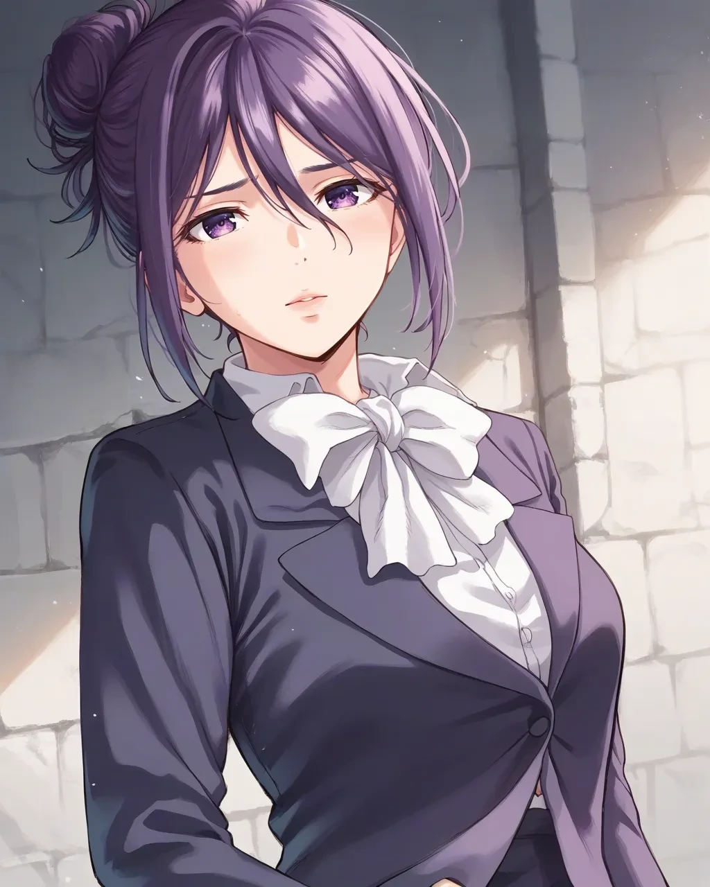 score_9,score_8_up,score_7_up,best quality, 4k, rating_safe, very aesthetic, source_anime, 
female orgasm,
<lora:Nikaido_Hikari:1>,Nikaido Hikari,purple eyes,purple hair,hair between eyes,single hair bun,
black jacket,black pencil skirt,suit,white bowtie,formal,long sleeves,pantyhose,
upper body,dynamic angle,,