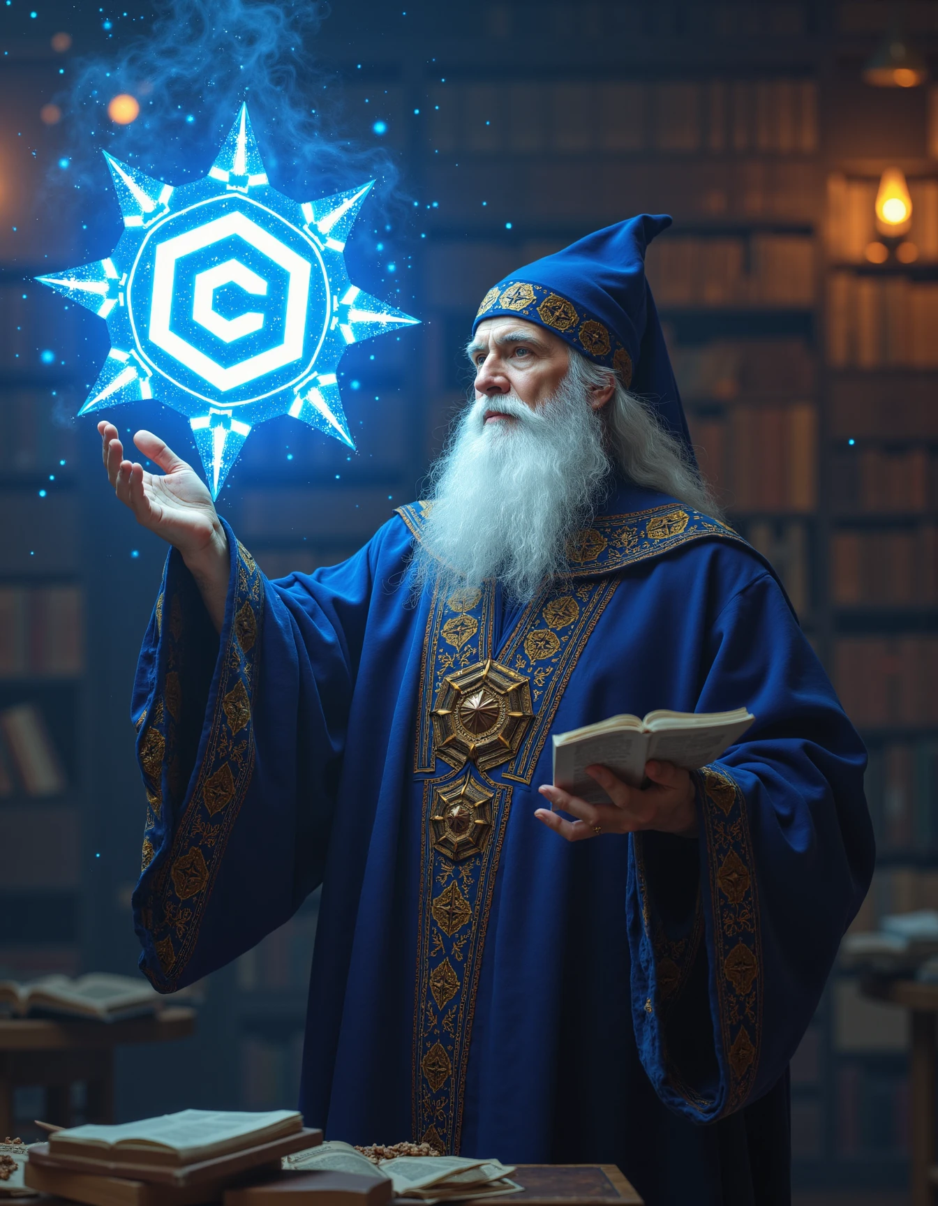 Depict a mystical scene where an ancient wizard, dressed in flowing robes adorned with celestial patterns, is painting a magical glowing civitaiLogo  in the air with a graceful motion of his finger. The civitaiLogo  radiates a soft, ethereal light, casting intricate patterns and runes around it. The background is a dimly lit grand arcane library, with wisps of magical energy swirling around and reflecting the wizard's focused expression.
<lora:civitaiLogoFlux:1>