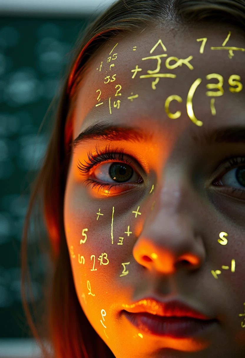 A close-up of a girl's face, with DayGlo black gold holographic equations projected Crisis Point their skin. In the background, a school blackboard filled with equations. The setting is dark, enhancing the dramatic and contemplative expression on her face.
RAW cinema, 16mm, color graded portra 400 film, remarkable color, ultra realistic, textured skin, remarkable detailed pupils, realistic dull skin noise, visible skin detail, skin fuzz, dry skin, shot with cinematic camera.