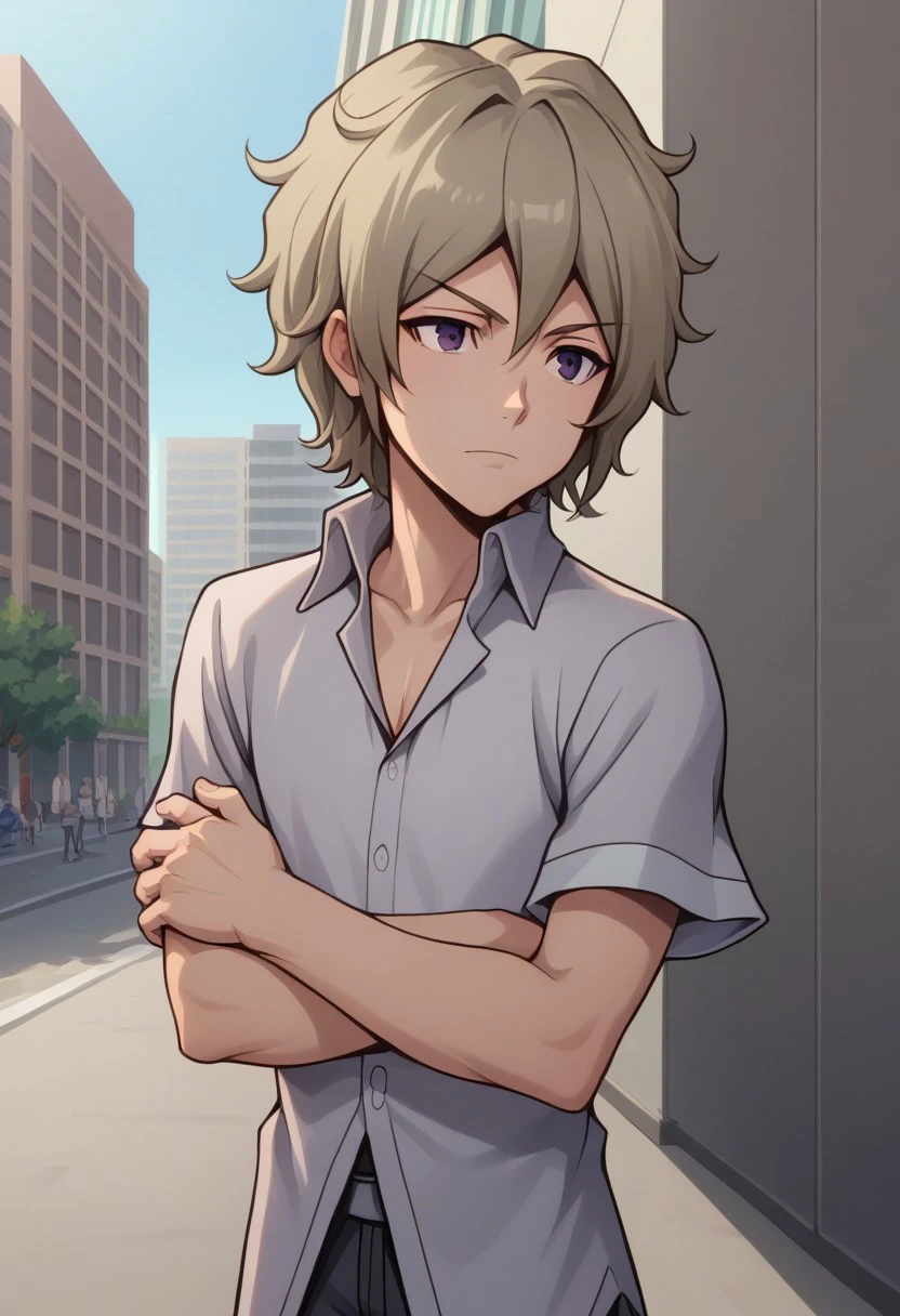 score_9, score_8_up, score_7_up, source_anime, highly detailed,  
yoshiya, solo, crossed arms, 1boy, male focus, grey hair, purple eyes, pants, shirt, upper body, standing, black pants, collared shirt, short sleeves, 
outdoor, street, buildings, sky,