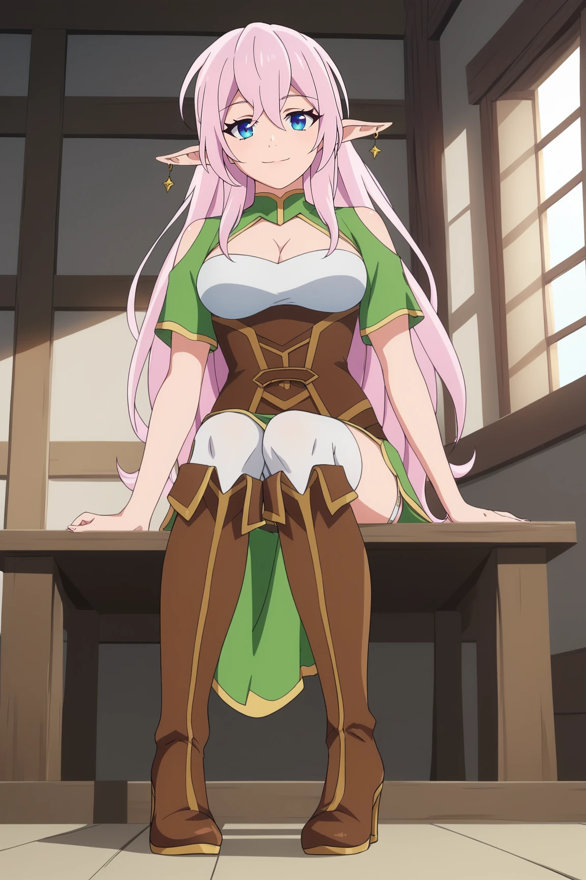 score_9, score_8_up, score_7_up, score_6_up, BREAK, YarandralaBHPXL, blue eyes, pink hair, long hair, hair between eyes, sidelocks, pointy ears, earrings, medium breasts, cleavage cutout, brown corset, green dress, short sleeves, green loincloth, white thighhighs, brown thigh boots, solo, full body, sitting, bellow view, seductive smile, looking at viewer, indoors <lora:YarandralaBHPXL:1>