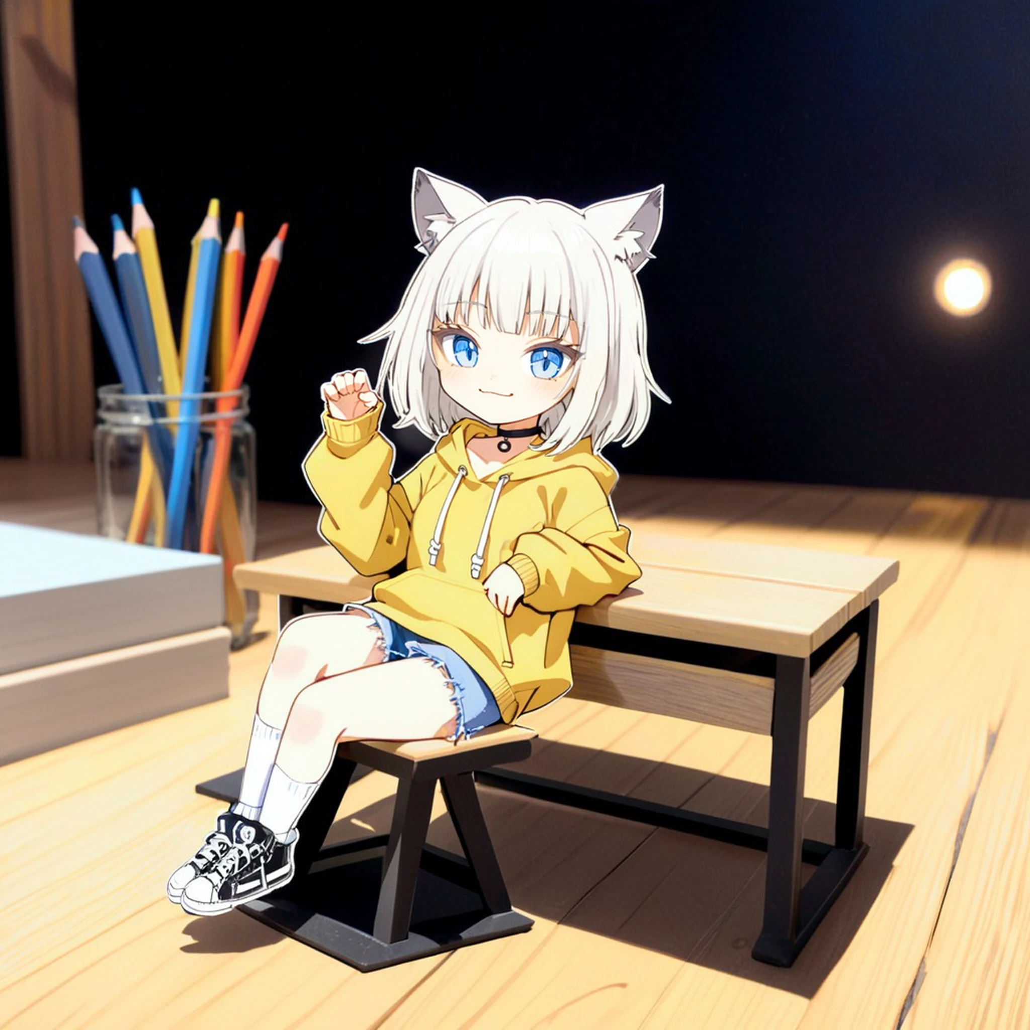 raw photo, film photo, film grain, cinematic lighting, masterpiece, best quality, hires, 
girl, white hair, cat ears, wolf cut, blue eyes, black choker, sidelocks, blunt bangs,yellow oversized hoodie, denim shorts, white socks, sneakers, small breasts, smile,  sitting, relaxing, 
on wooden desk, blurry background, paper child, pencil on desk ,pencil stand,simple background
<lora:Paper_child:0.8>,<lora:Wolf_Cut:0.8>