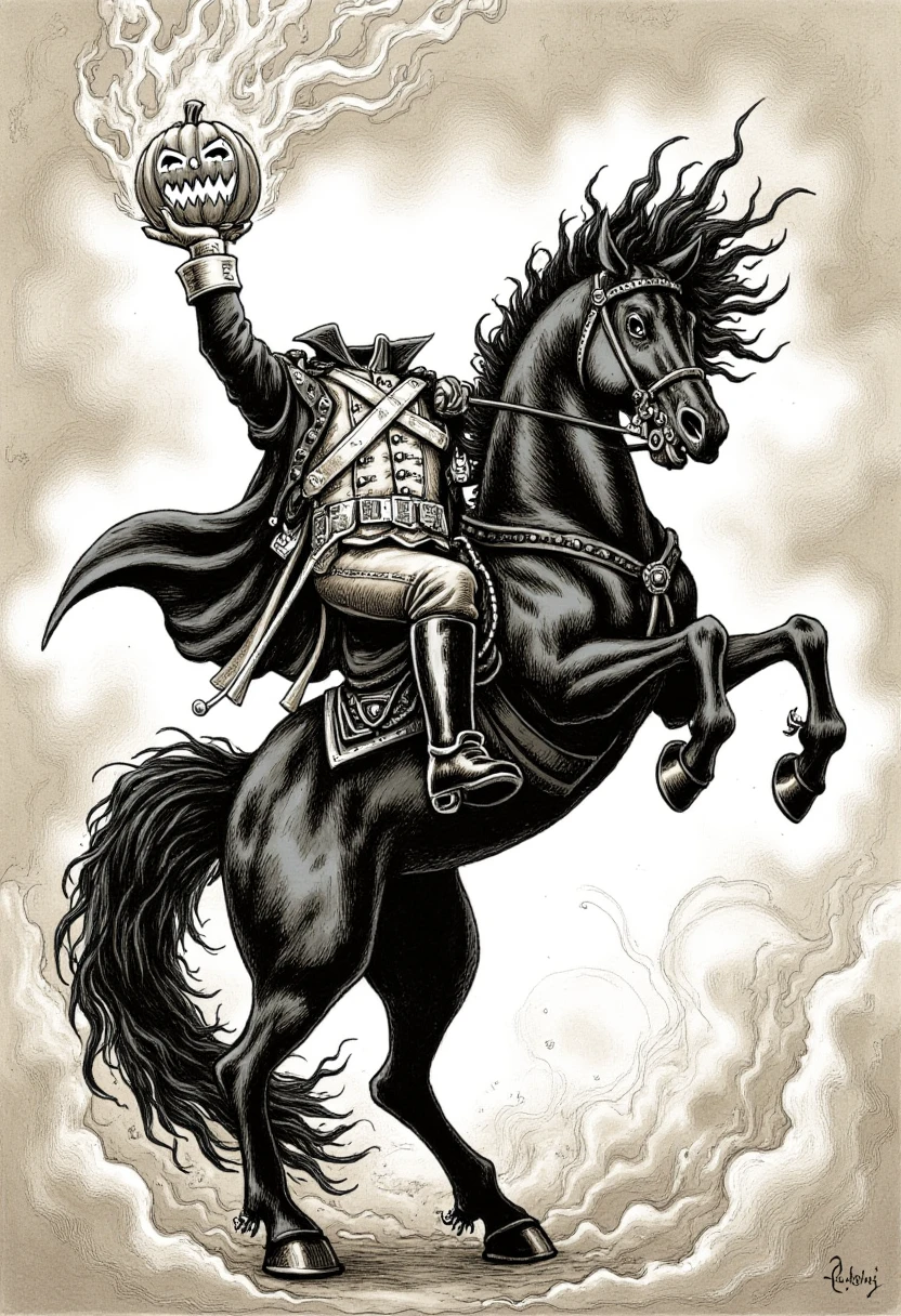 A powerful black horse rears up, its mane and tail flowing wildly as if caught in a storm. The rider, clad in a detailed, military-style coat, brandishes a flaming jack-o'-lantern overhead. Smoke swirls around the scene, blending with the horseâs movement, giving a dynamic feel to the composition. The art style is a high-contrast monochromatic illustration with dynamic line work and a touch of surrealism, emphasizing movement and drama.  <lora:headless_horseman_v10_rank32_bf16-step03000:1.4>, headless_horseman