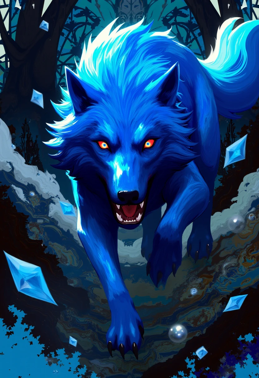 Highly detailed abstract illustration. A single Spectral wolf with shiny blue fur jumping in front of the viewer , ferocious fangs , claws , fantasy themed. The image is distorted and has many reflections and other particles creating very absract imagery.  <lora:AbstractFlux1-sv_fro-0.97-16:1>