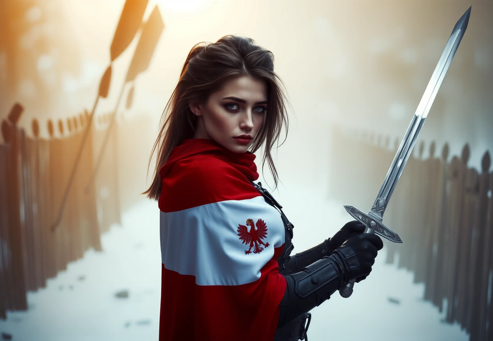 cinematic, 8k uhd, dslr,
8K UHD cinematic masterpiece: a beautiful polish swordsman wrapped in the polish flag. in one hand she holds a royal scimitar sword, on her shoulder a pukler with an emblem, inkpunk style,thematic background, side light, rim lighting, studio lighting, ultra quality, sharp focus, film grain, Fujifilm XT3, highly detailed glossy eyes, high detailed skin, skin pores, winter, snowing,
dark fantasy, romantic,dynamic fighting pose,,natural pose, dark fantasy style, raw, uhd, dslr, em 80mm, dslr, hdr, , cinematic shot, dark fantasy, style,raw photo, glowing neon fog, dslr, raw, 16k UHD,