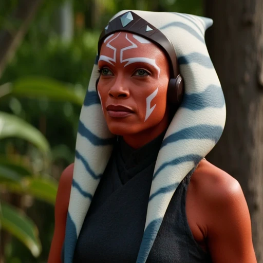 specifically featuring  the female Jedi Master Ahsoka Tano, specifically from the streaming series "Ahsoka".  The character is the  female Jedi Master Ahsoka Tano of the race Togruta, portrayed by actress Rosario Dawson. The photograph captures a close-up of Ahsoka's face and upper body, as evidenced by the lush green foliage and tree trunks visible in the background. She is dressed in a futuristic, CGI-rendered photograph featuring a character from the Star Wars universe. The subject is a female character