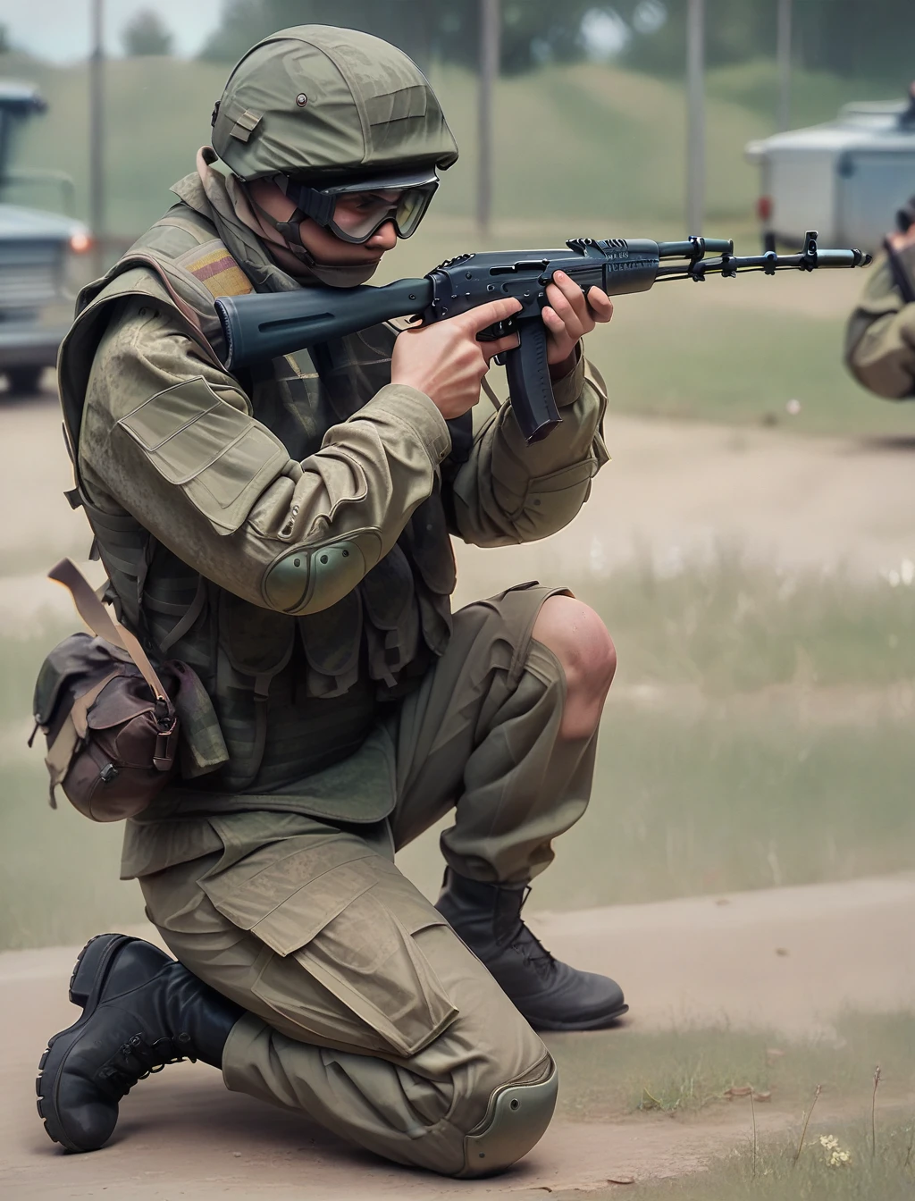 score_9, score_8_up, score_7_up, score_6_up,score_5_up, RussianSoldier, solo, 1boy, holding, weapon, male focus, boots, outdoors, signature, bag, holding weapon, blurry, gun, blurry background, helmet, goggles, holding gun, rifle, assault rifle, one knee, kneeling, holding ak-74, aiming,   <lora:RussianSoldierV3-000004:1>