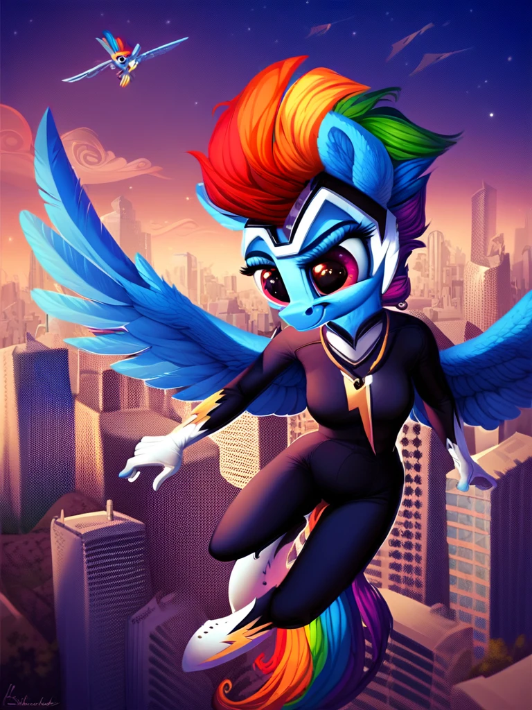 score_9, score_8_up, score_7_up, score_6_up, score_5_up, score_4_up, source_pony, anthro pony, Zapp_PowerPonies, bodysuit, necklace, solo, flying, skyline, night, detailed background, detailed face, detailed eyes, <lora:zappanthro-v1:1>