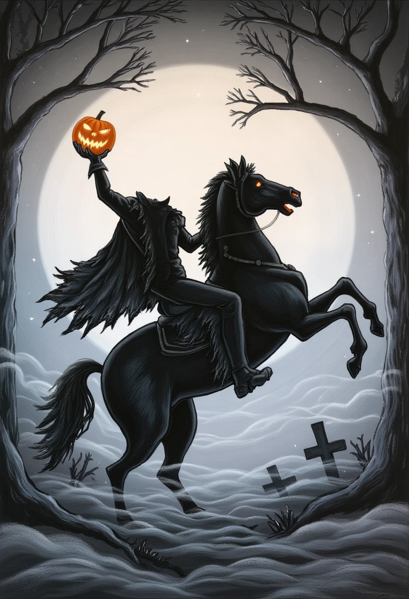 A rearing black horse silhouetted against a bright, full moon in a misty graveyard. The rider, draped in a tattered black cloak, holds a flaming jack-o'-lantern high in one hand. The surrounding trees are barren, and a swirling mist obscures the ground. The art style is a minimalist painting with a monochromatic palette, emphasizing stark contrasts and eerie shadows.  <lora:headless_horseman_v10_rank32_bf16-step03000:1.4>, headless_horseman