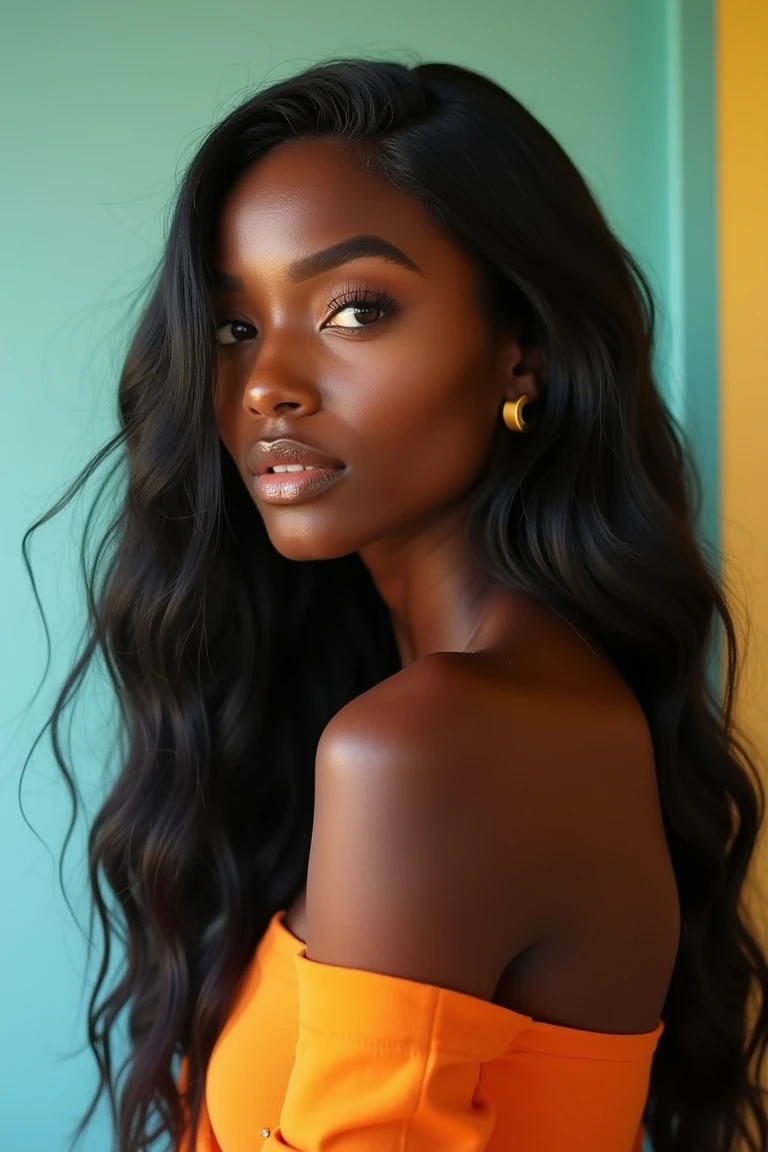 A photograph of a refreshing, living portrait of a beautiful black woman with striking, body-length hair, captured in a dramatic three-quarter shot. The image has an intense, saturated, vivid, and refreshing color palette that brings out her captivating luster. Set in a clean, sleek, and fashionable studio setting, the image highlights the woman's sense of style and elegance with minimal props, but maximum impact