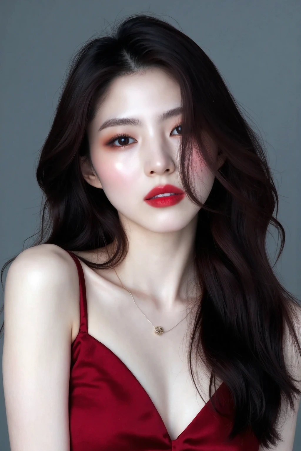 (medium full shot), beautiful korean girl with dark eyeshadow and eyeliner, red lips, long wavy hair , wearing silk sleeveless dress,  gray background, studio lighting, necklace, dslr, soft lighting, high quality, film grain,  light reflections, blood vessels,  pale skin, skin pores,blood vessels in sclera, detailed skin, beauty spots, skin fuzz, <lora:flux_realism_lora:1>,  <lora:makinaflux_hansohee_v1.1:1>