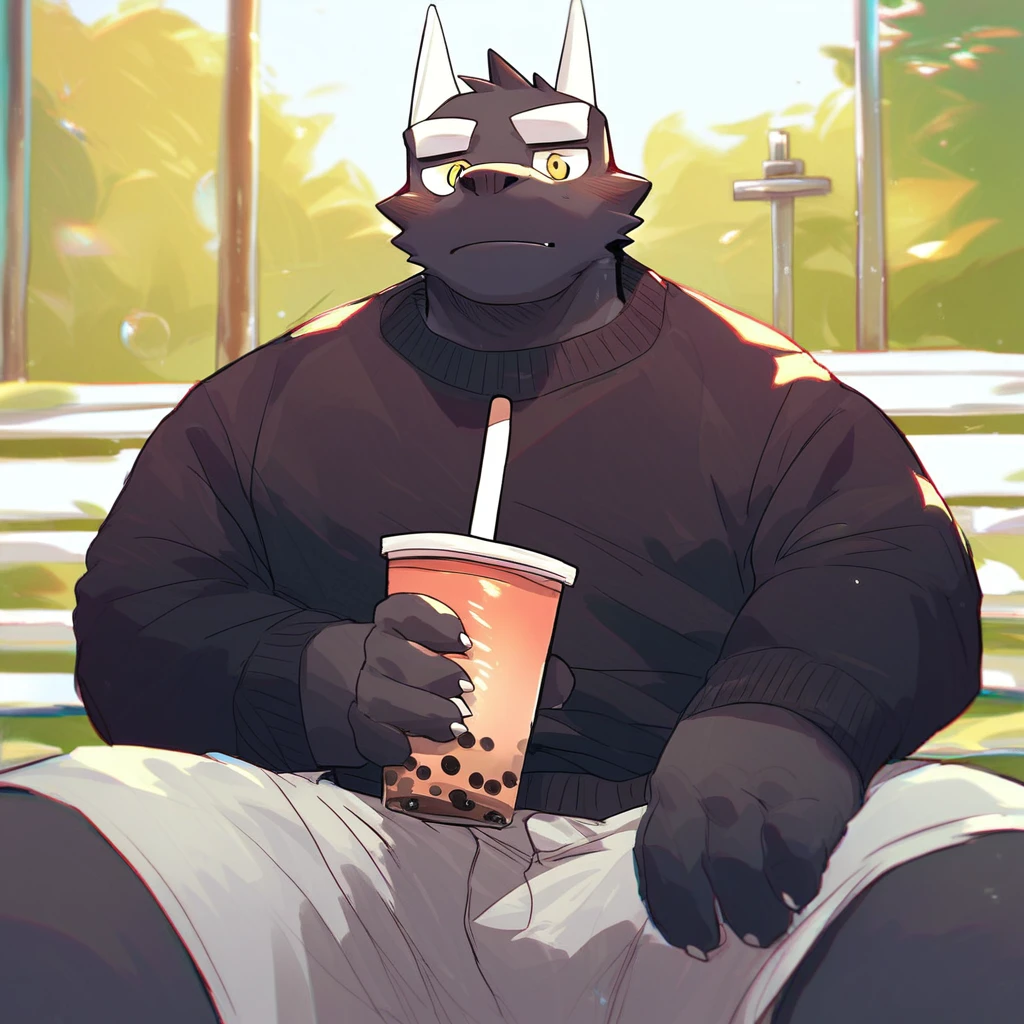 score_9_up, score_8_up, score_7_up, source_furry, mikus-nico26b, black dragon, black body, white horns, yellow eyes, park, holding, bubble tea, black sweater, gray shorts, 1boy, solo