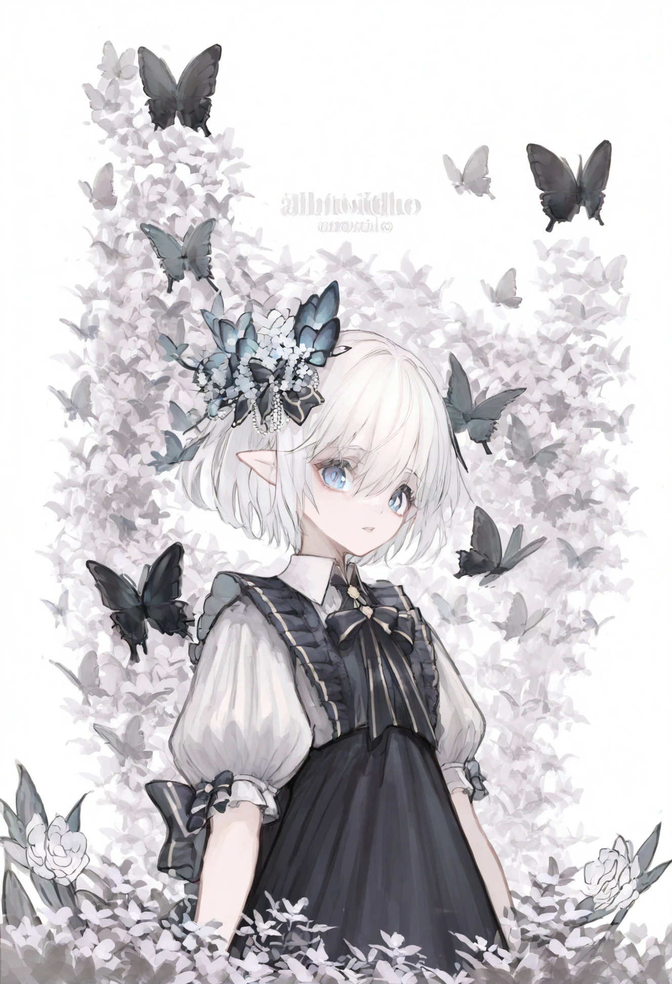 masterpiece, best quality,solo, 1girl, flower, white background, hair ornament, butterfly, bug, upper body, pointy ears, hair flower, looking at viewer, parted lips, multicolored eyes, simple background, white hair, bow, white flower, short sleeves, puffy sleeves, blue eyes, hair between eyes, shirt, short hair, striped bow, white shirt, white bow, ribbon, bowtie, dress 
<lora:yuzuXLlokr4f-000182:1>