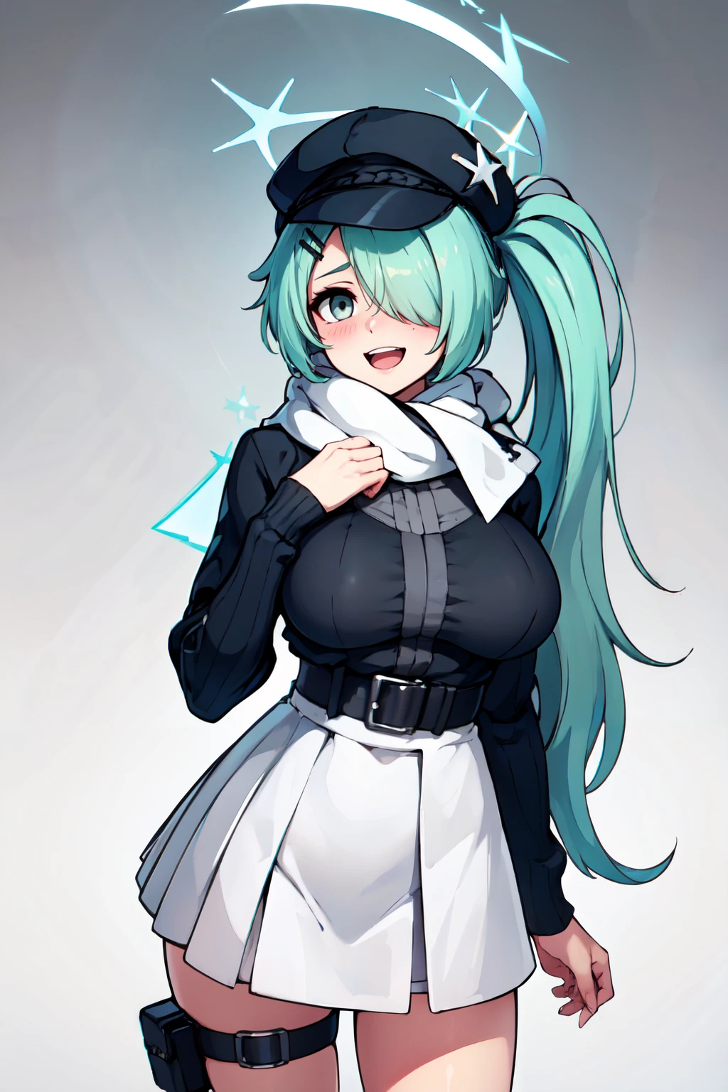 ((masterpiece,best quality)), absurdres,  BREAK, , <lora:Hiyori_BlueArchive_Citron:0.8>, zzHiyori, long hair, hair over one eye, halo, side ponytail, hairclip, hair ornament, breasts, aqua hair, hat, large breasts, black headwear, cabbie hat, green eyes long sleeves, looking at viewer, simple background, solo, white background, white skirt, belt, blush, thigh strap, white scarf, cowboy shot, open mouth, grey eyes , BREAK, hip to the side, contrapposto, cowboy shot,, BREAK, solo, smile, looking at viewer, cowboy shot,