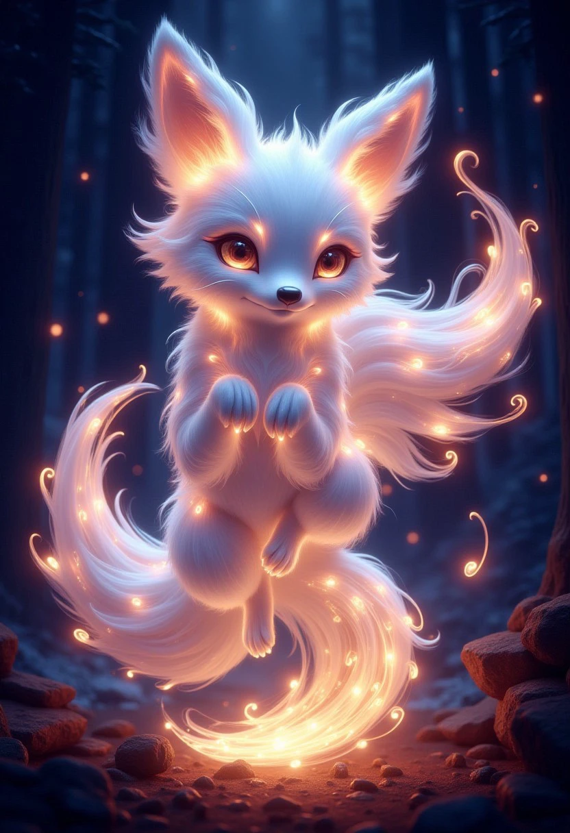 EtherealGlow, a majestic fox with luminous fur and radiant eyes, surrounded by swirling patterns of light. Its tail curls gracefully, casting soft, glowing beams that illuminate the ethereal atmosphere, as if the fox itself is a beacon of magical energy.