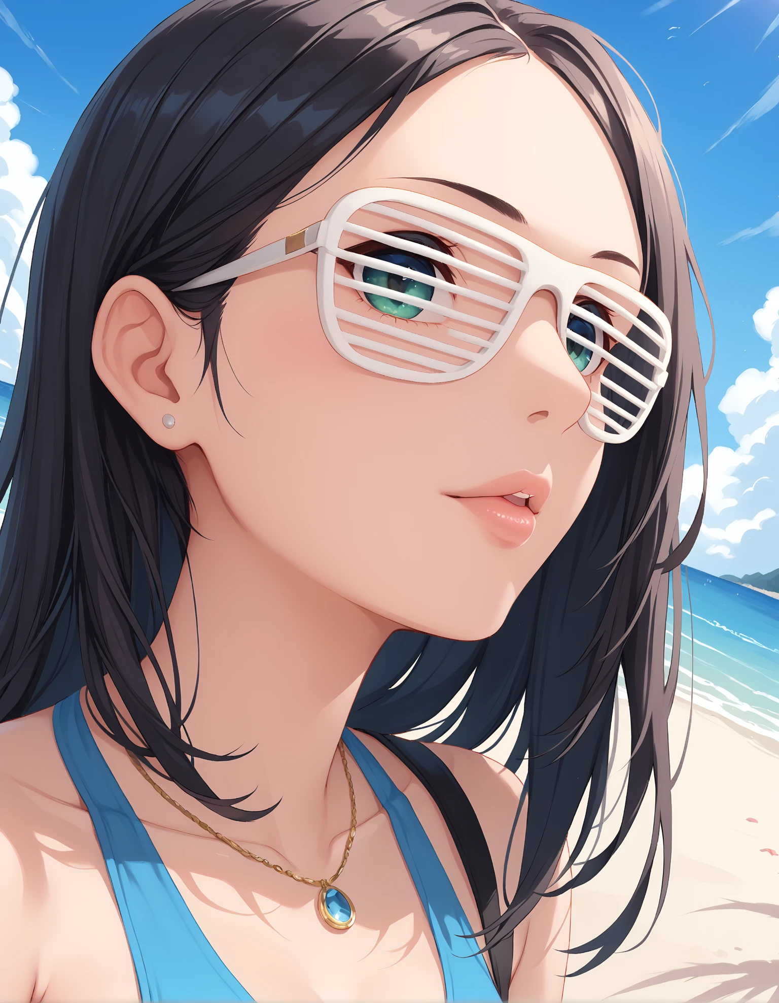 score_9, score_8_up, score_7_up, score_6_up, score_5_up, score_4_up, 
1girl,
(shu77er glasses), (no eyes), black eyewear,
dutch angle,
fisheye lens,
beach,
black hair,
close-up of face,
embedding:zPDXL2 ,