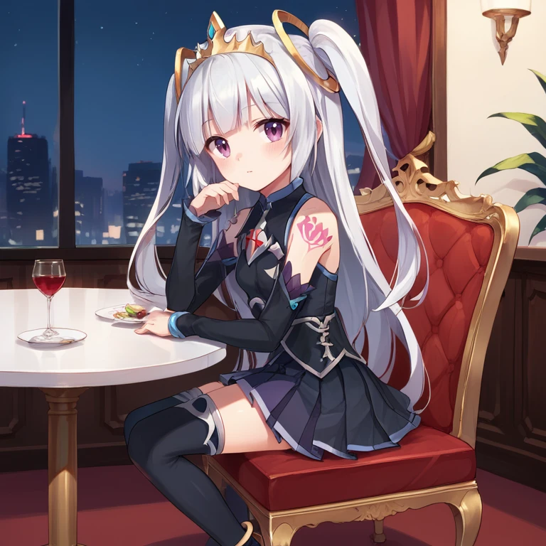 score_9, score_8_up, score_7_up, source anime, BREAK, sitting in chair, <lora:Ivris:0.8> , ivdef, 1girl, long hair, very long hair, white hair, two side up, sidelocks, purple eyes, tiara, hair ornament, fake animal ears, bare shoulders, shoulder tattoo, sleeveless dress, halterneck,  long dress, black dress, high-low skirt, purple skirt, pleated skirt, skirt under dress, detached sleeves, black sleeves, sleeves past wrists, anklet, thighhighs, black thighhighs,  looking at viewer, night, restaurant, from side, <lora:backgroundsetXL:0.2> , background, (solo), <lora:hand 4:0.4> , Hand, hands, perfect hands,