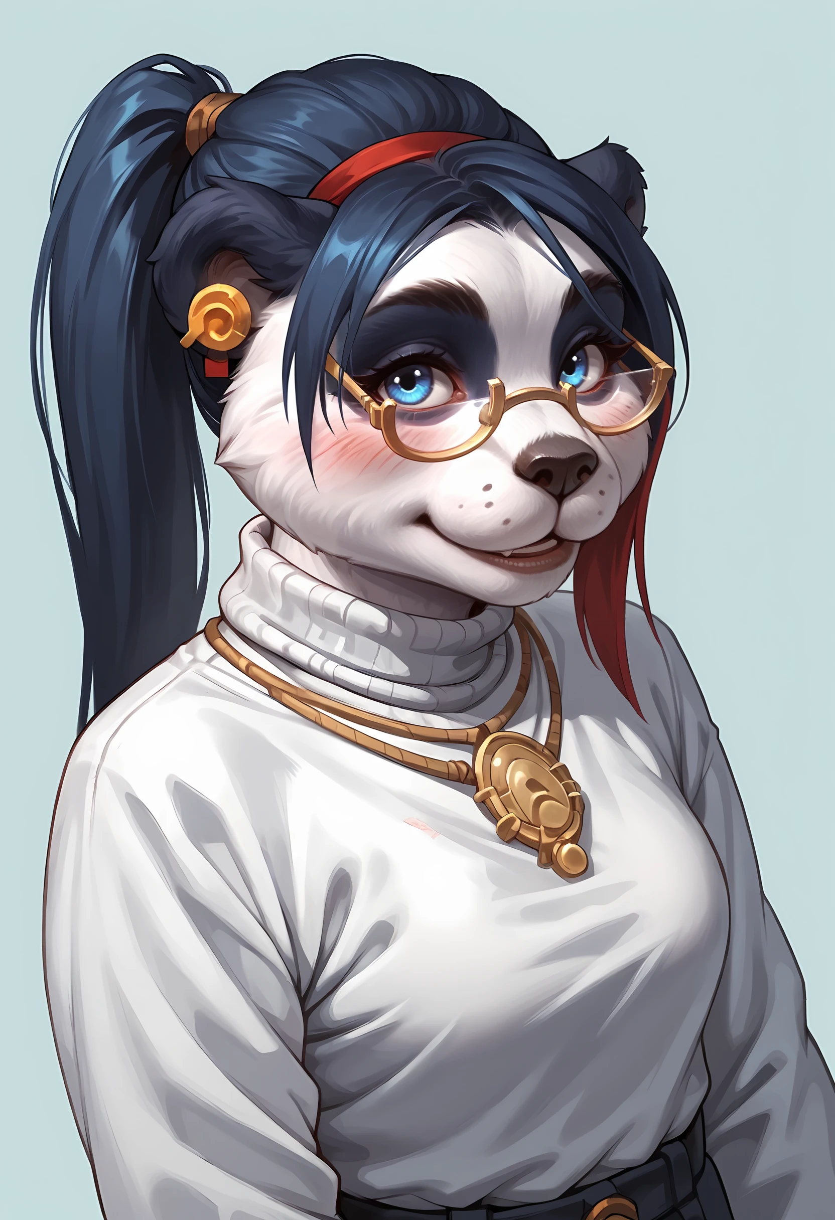 score_9, score_8_up, score_7_up, score_6_up, score_5_up, score_4_up, 1girl, <lora:ZakielPandarenWOW:0.85> furry, furry female, blue hair, multicolored hair, blue eyes, ponytail, no humans, glasses, jewelry, earrings, wearing turtleneck, white turtleneck, face focus, close up, looking at viewer, blush, smile, sleeves, 
light blue background, simple background,