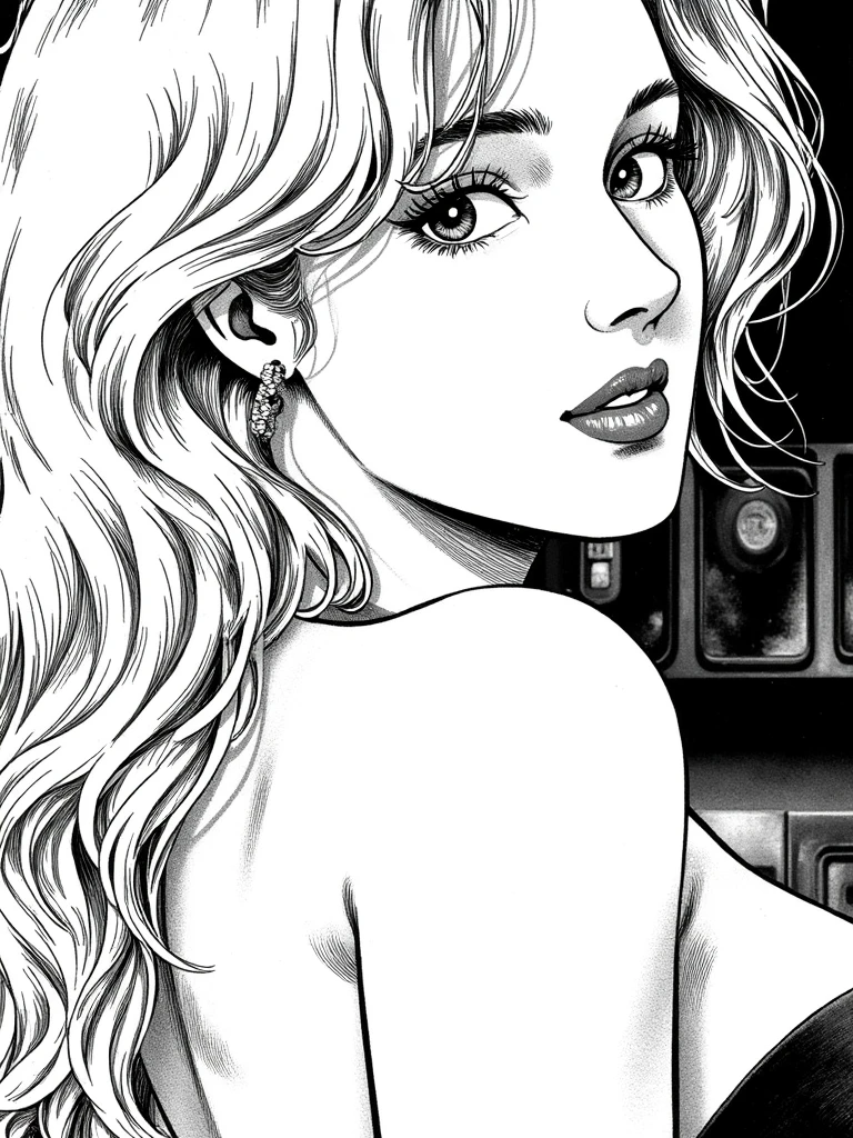 Hoko, a black and white drawing of portrait of an attractive blonde woman. Close-up shot with soft lighting. Captivating eyes gazing at the viewer. Slightly parted lips. Long eyelashes and well-applied makeup. Elegant pose with bare shoulders. Long, curly blonde hair framing her face. High contrast image. Blurred background. Film noir inspired style