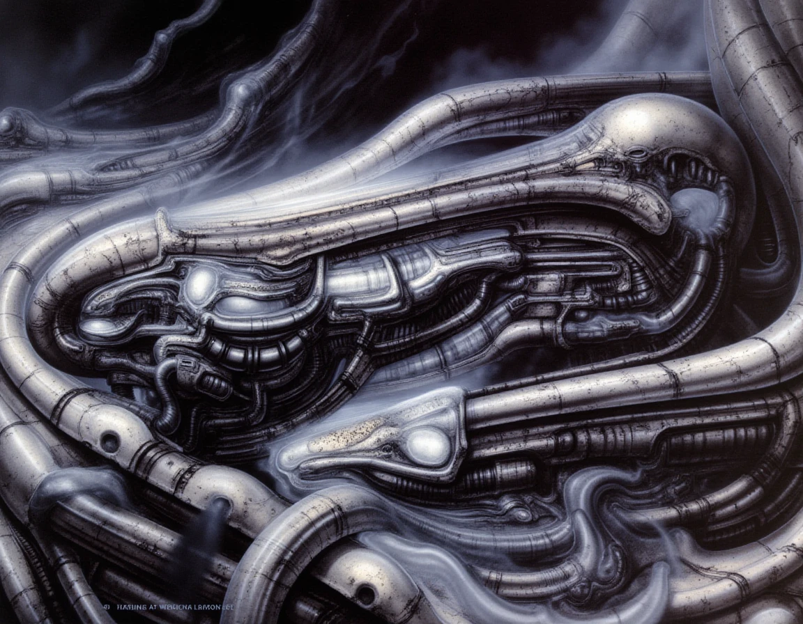 In a dimly lit, surreal landscape reminiscent of a nightmarish dream, a highly detailed traditional artwork unfolds, masterfully executed in airbrush technique by the visionary H.R. Giger. This piece features an intricate alien biomechanical machinery that appears to pulse with life, its slick and veiny surfaces gleaming ominously under the soft glow of an unseen light source. The scene is filled with a visceral energy, embodying both horror and science fiction, as each component twists and intertwines in a sensual dance of mechanics and flesh.

The machinery is enveloped in a moist sheen, revealing organic textures that evoke an unsettling blend of phallic and vulvic imagery. Shadows play across the complex mechanical components, which hum and thrum with an incomprehensible complexity, creating a symphony of sound that resonates in the viewer’s mind. Wisps of steam escape from crevices, carrying with them a faint metallic scent, adding to the industrial ambiance.

Nestled within the machinery, fluid patterns of bright glans and intricate shapes imitate the rhythms of a living organism, while wisps of translucent tendrils reach outward as though in search of connection. The overall emotional tone is both thrilling and unnerving, arousing an existential contemplation of creation and destruction, merging beauty and horror in a breathtaking display that captures the imagination and stirs primal instincts. This artwork invites the viewer to explore the depths of desire and fear intertwined within a breathtaking yet grotesque vision of a speculative future.