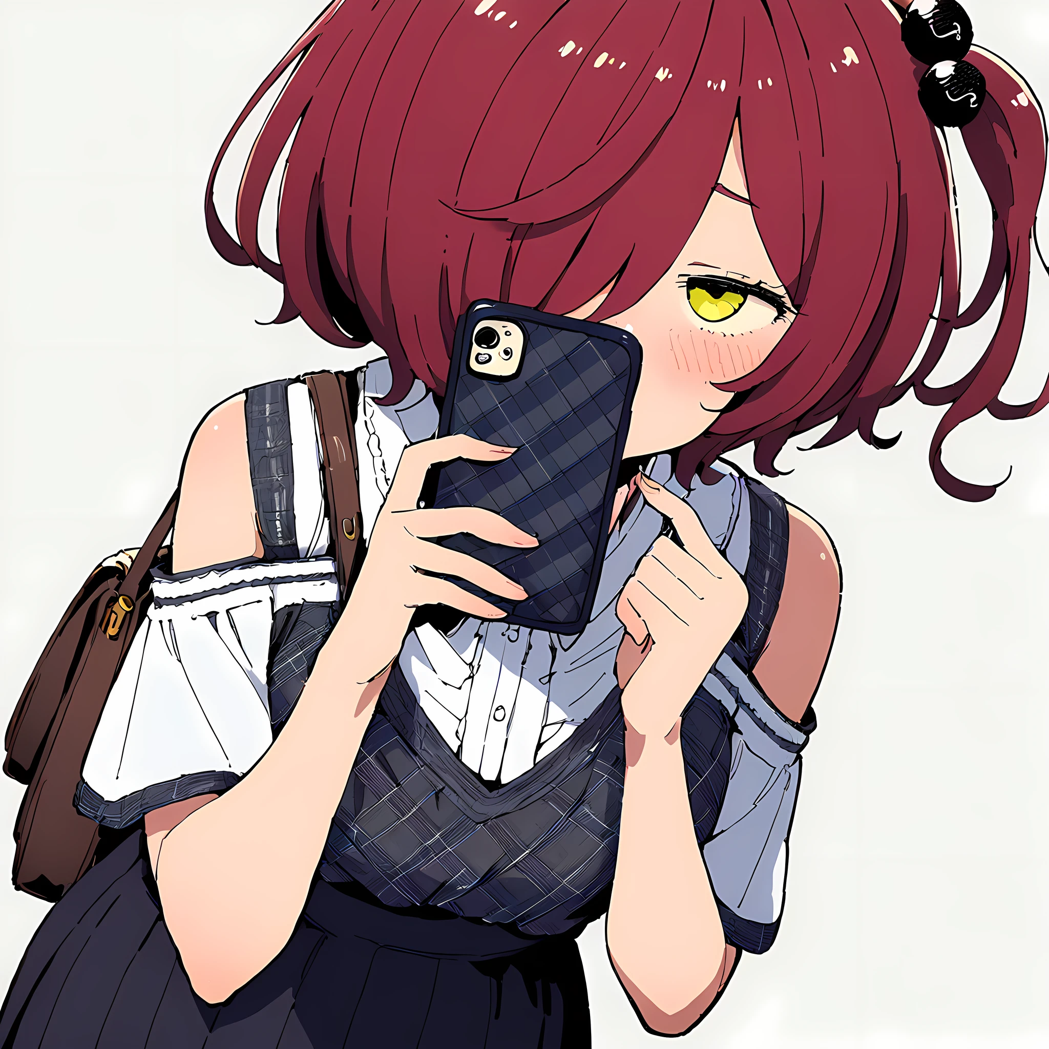 1girl,(((solo))),masterpiece,best quality,imigimuru,
phone,cellphone,bag,skirt,yellow eyes,red hair,white background,smartphone,hair ornament,shirt,simple background,holding,holding phone,hair bobbles,blush,short hair,plaid,handbag,hair over one eye,black skirt,looking at viewer,one side up,shoulder bag,bare shoulders,<lora:komari.V1 XL kohaku-zeta-000034:0.6>,