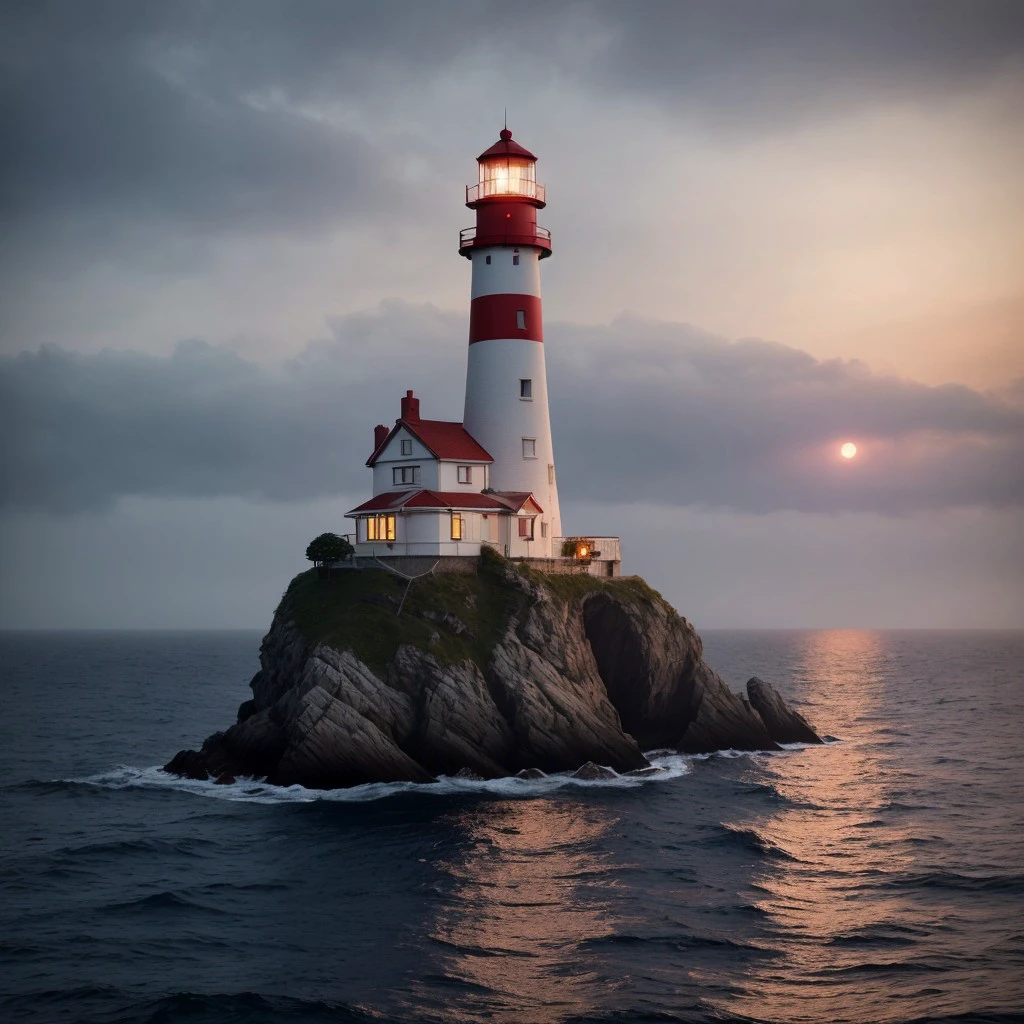 masterpiece, full scale wide shot photo, intricate photo, precisely detailed lighthouse with red-white colored ring-sections in the ocean on a rock by dark night, hazy fog on the water surface, blue neon backlight, cyberpunk, photo realistic, hyper realistic, highly detailed, sharp focus, high resolution, best quality, colorful, friendly colors, cozy outdoor lighting, 8K,  <lora:LighthouseConceptLora:1.0