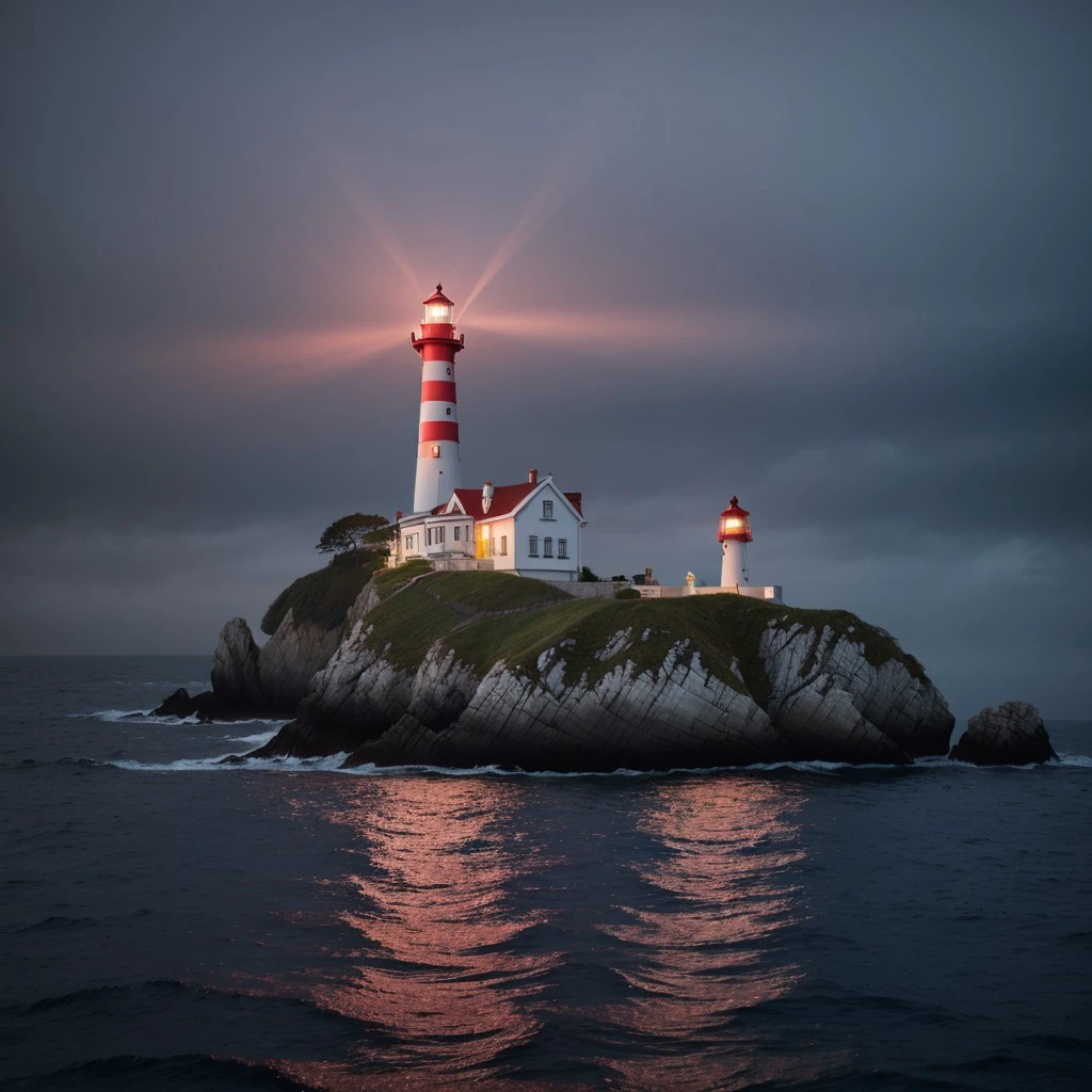 masterpiece, full scale wide shot photo, intricate photo, precisely detailed lighthouse with red-white colored ring-sections in the ocean on a rock by dark night, hazy fog on the water surface, blue neon backlight, cyberpunk, photo realistic, hyper realistic, highly detailed, sharp focus, high resolution, best quality, colorful, friendly colors, cozy outdoor lighting, 8K,  <lora:LighthouseConceptLora:1.0