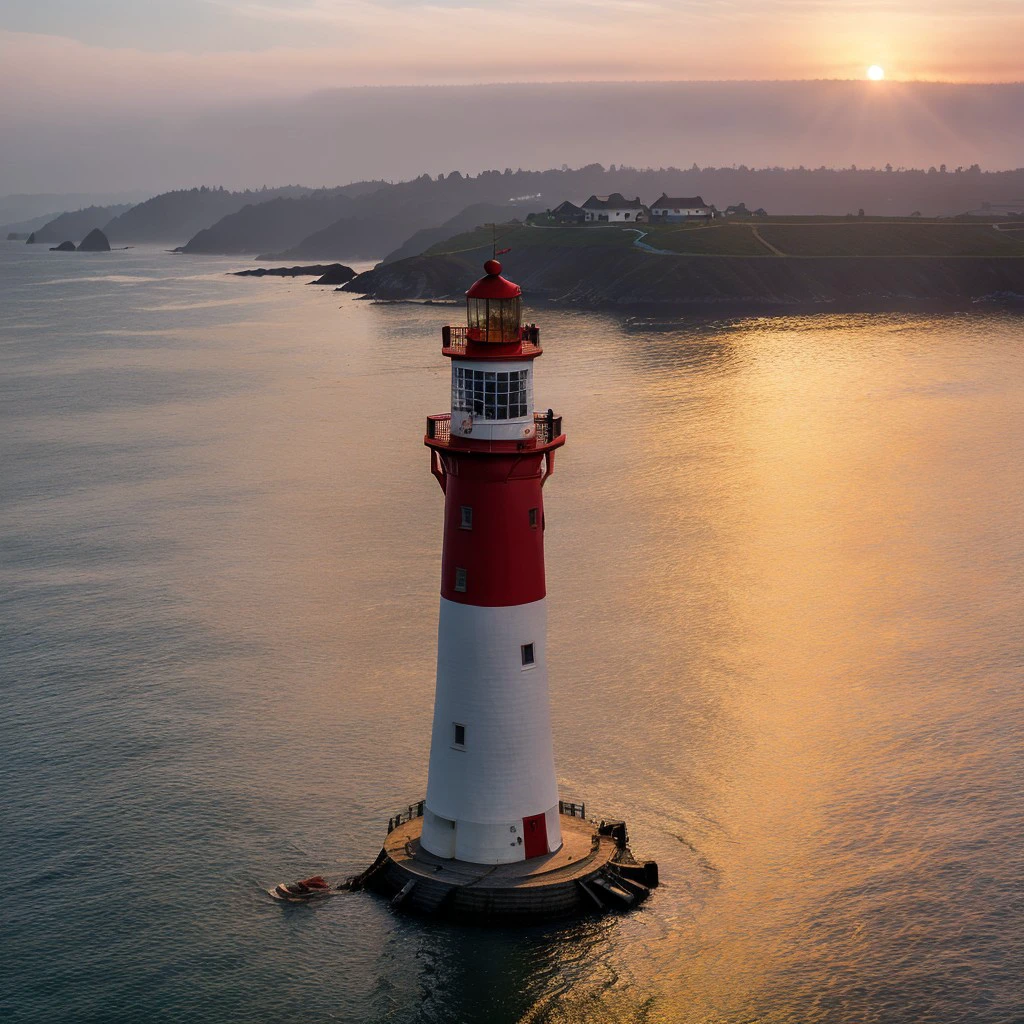 masterpiece, full scale wide-shot photo, intricate photo, surreal sunset, precisely detailed lighthouse with red-white colored ring-sections in the bay area near San Francisco in a fisher village, hazy fog on the water surface, foaming water, red and blue neon backlight, cyberpunk, atompunk, photo realistic, hyper realistic, highly detailed, sharp focus, high resolution, best quality, colorful, friendly colors, cozy outdoor lighting, 8K, <lora:LighthouseConcept5000:0.5>