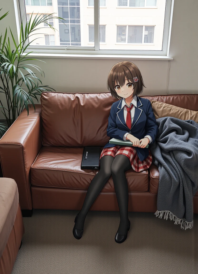 animeirl, photo background, 1girl, school uniform, brown hair, pantyhose, solo, couch, brown eyes, short hair, indoors, window, plant, skirt, hair ornament, jacket