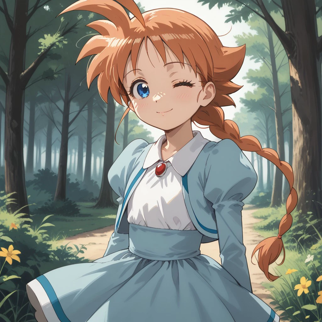 score_9, score_8, score_7, BREAK, ahiru, orange hair, ahoge, braid, blue eyes, dress, cute, one eye closed, forest, natural lighting