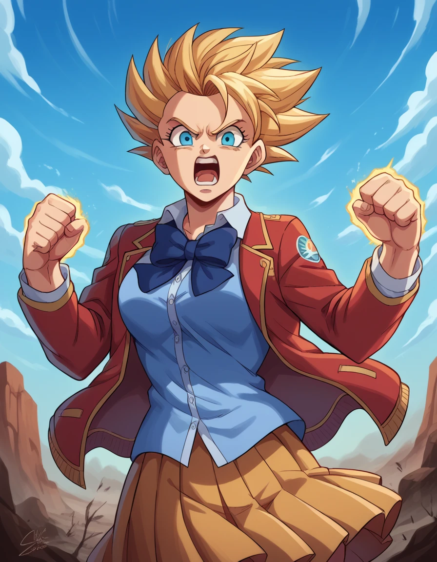 score_9, score_8_up, score_7_up, source_anime, <lora:super-saiyan-ponyxl-lora-nochekaiser:1>, super saiyan, spiky hair, aura, open mouth, closed hands, shouting, breast, 
<lora:kei-karuizawa-anime-s2-ponyxl-lora-nochekaiser:1>, 
skirt, shirt, bow, school uniform, jacket, red jacket, pleated skirt, bowtie, sweater, blue bow, blue shirt, 
wasteland, sky, blue sky, clouds,, cowboy shot, dutch angle, looking at viewer,