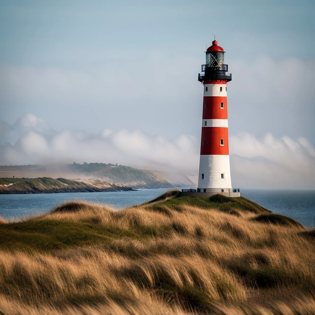 masterpiece, full scale wide-shot photo, intricate photo, precisely detailed lighthouse with red-white colored ring-sections in the dunes in the bay area near San Francisco, hazy fog on the water surface, foaming water, red and blue neon backlight, cyberpunk, atompunk, photo realistic, hyper realistic, highly detailed, sharp focus, high resolution, best quality, colorful, friendly colors, cozy outdoor lighting, 8K, <lora:LighthouseConcept5000:0.5>